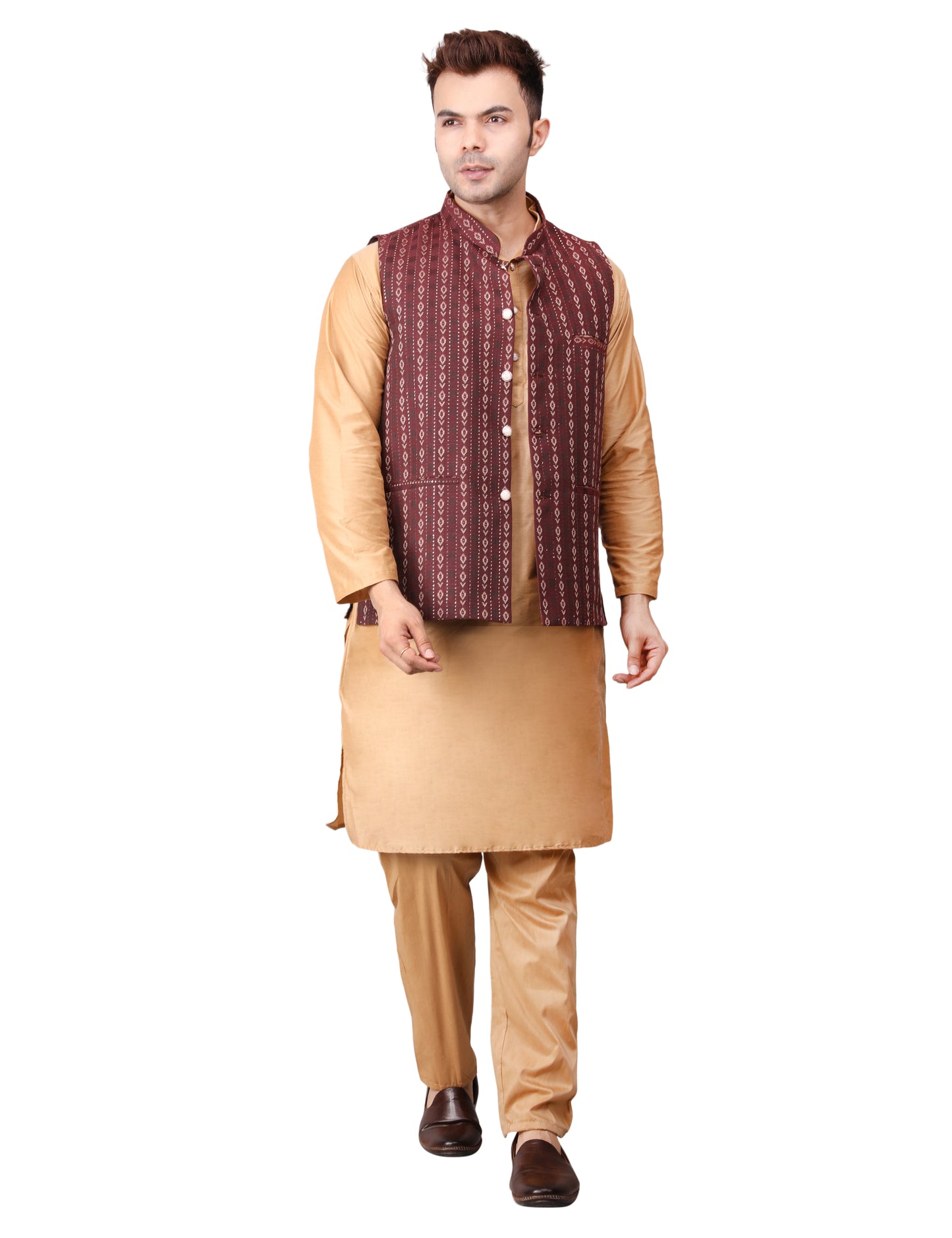 Men's Silk Blend Golden Kurta Pajama with Designer Bundi Nehru Jacket/Waistcoat Maroon