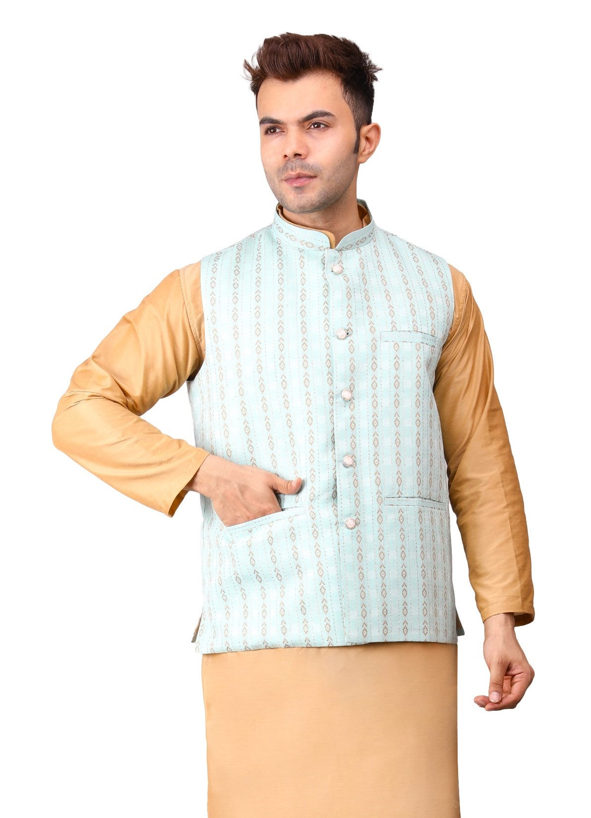 Men's Jawahar cut || Modi Jacket || Nehru Jacket Waist Coat || Vest Ethnic Wear Light Green Gold