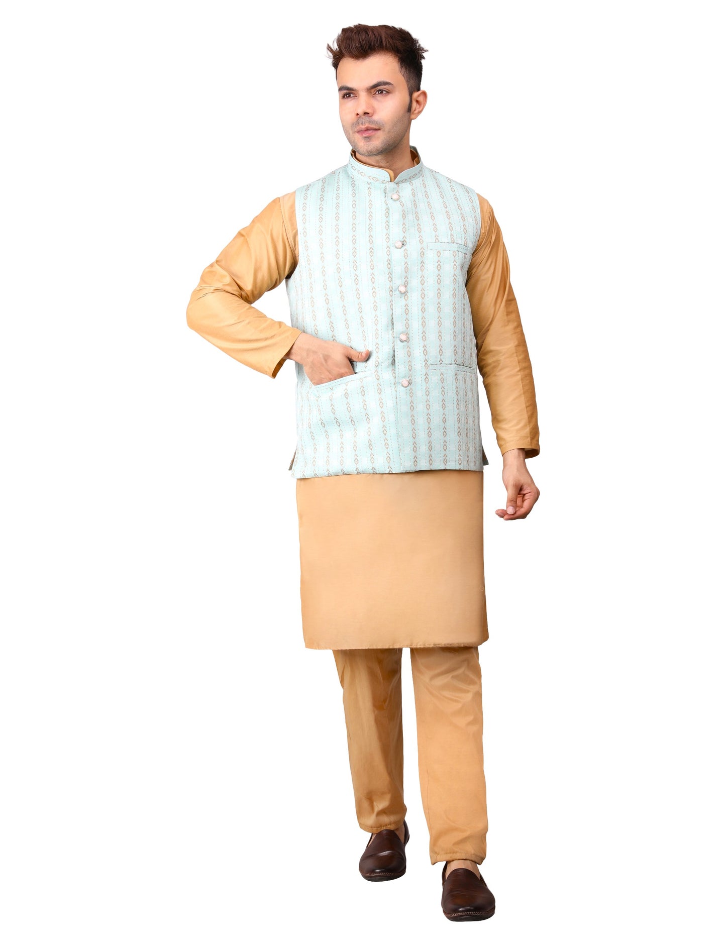 Men's Silk Blend Golden Kurta Pajama with Designer Bundi Nehru Jacket/Waistcoat Light Green