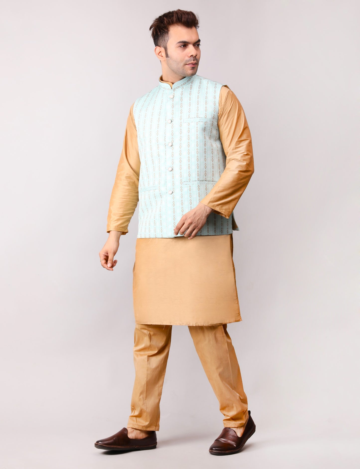Men's Silk Blend Golden Kurta Pajama with Designer Bundi Nehru Jacket/Waistcoat Light Green