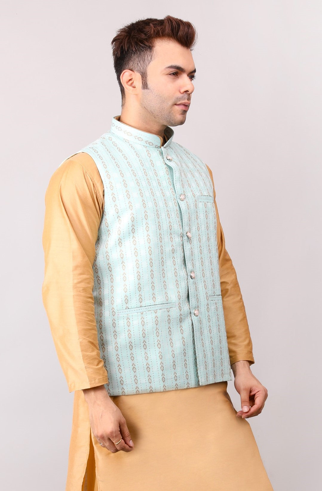 Men's Jawahar cut || Modi Jacket || Nehru Jacket Waist Coat || Vest Ethnic Wear Light Green Gold