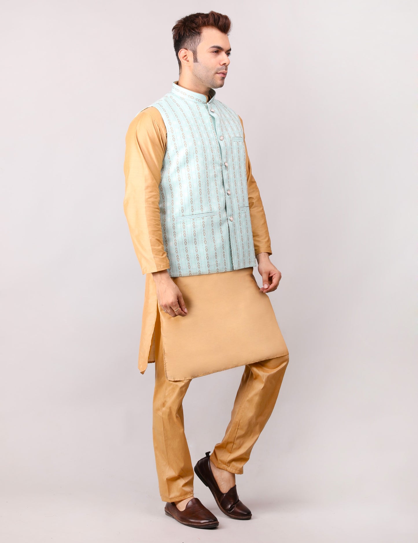 Men's Silk Blend Golden Kurta Pajama with Designer Bundi Nehru Jacket/Waistcoat Light Green