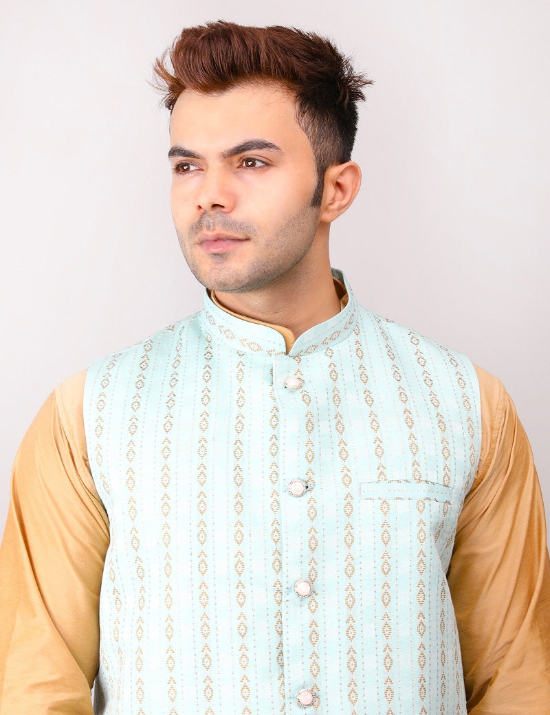 Men's Jawahar cut || Modi Jacket || Nehru Jacket Waist Coat || Vest Ethnic Wear Light Green Gold