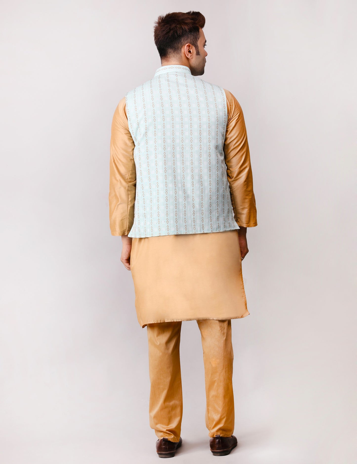 Men's Silk Blend Golden Kurta Pajama with Designer Bundi Nehru Jacket/Waistcoat Light Green