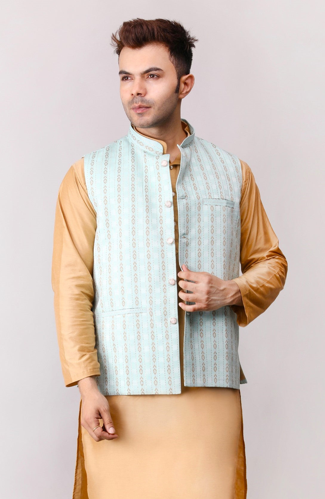 Men's Jawahar cut || Modi Jacket || Nehru Jacket Waist Coat || Vest Ethnic Wear Light Green Gold