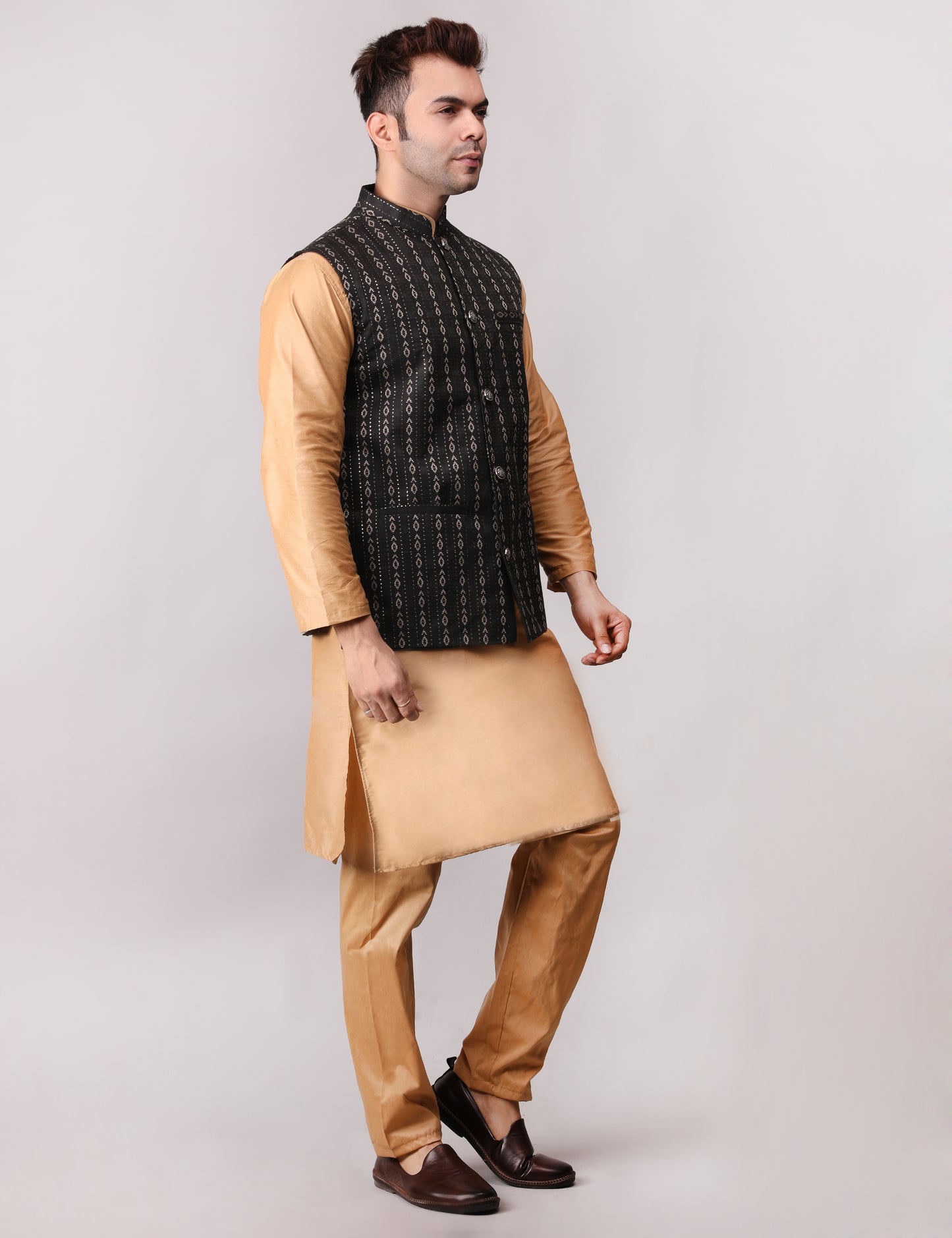 Men's Silk Blend Golden Kurta Pajama with Designer Bundi Nehru Jacket/Waistcoat Black