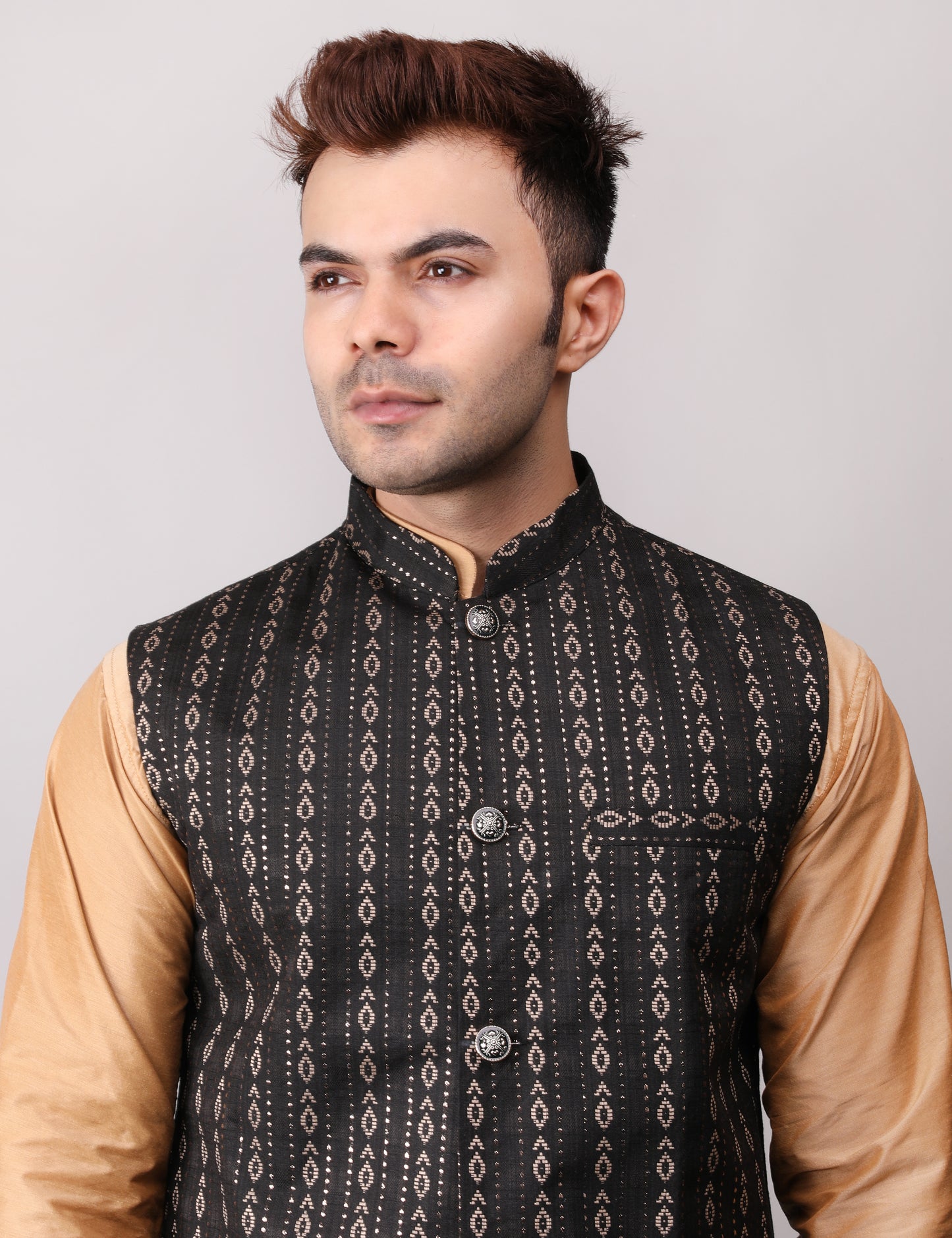 Men's Silk Blend Golden Kurta Pajama with Designer Bundi Nehru Jacket/Waistcoat Black