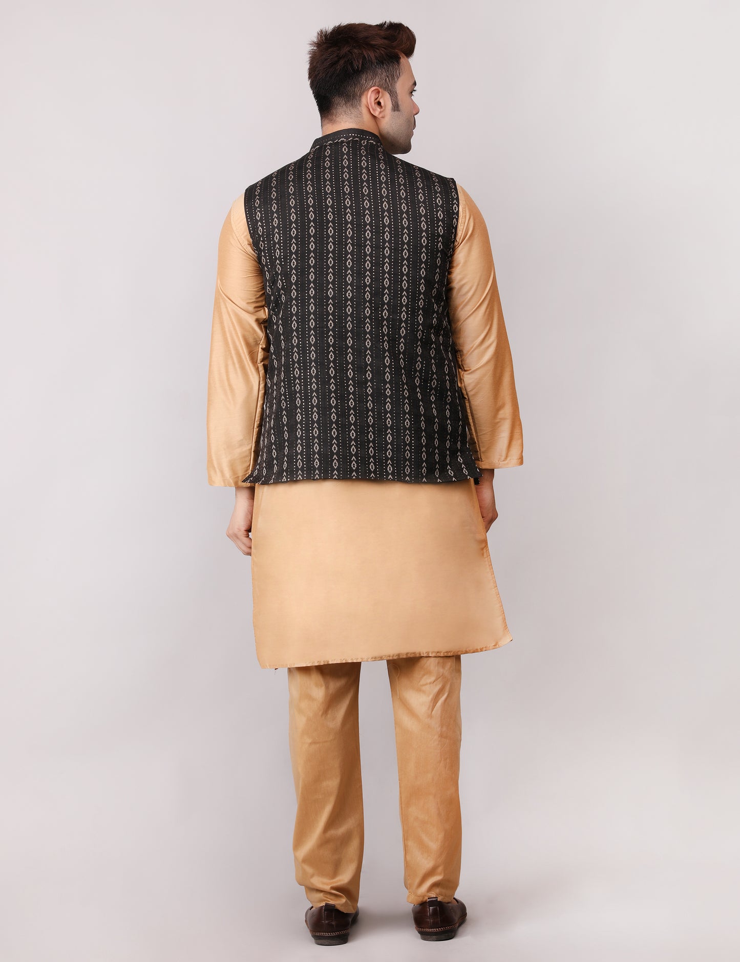 Men's Silk Blend Golden Kurta Pajama with Designer Bundi Nehru Jacket/Waistcoat Black