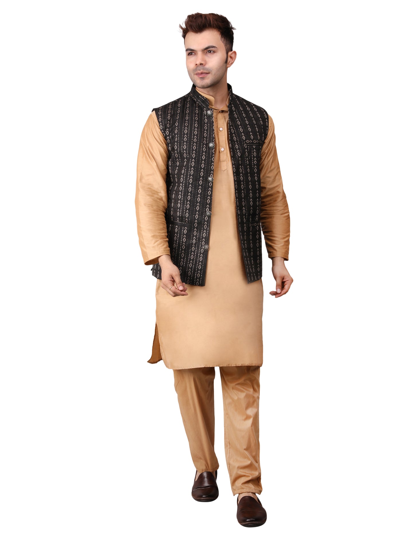 Men's Silk Blend Golden Kurta Pajama with Designer Bundi Nehru Jacket/Waistcoat Black