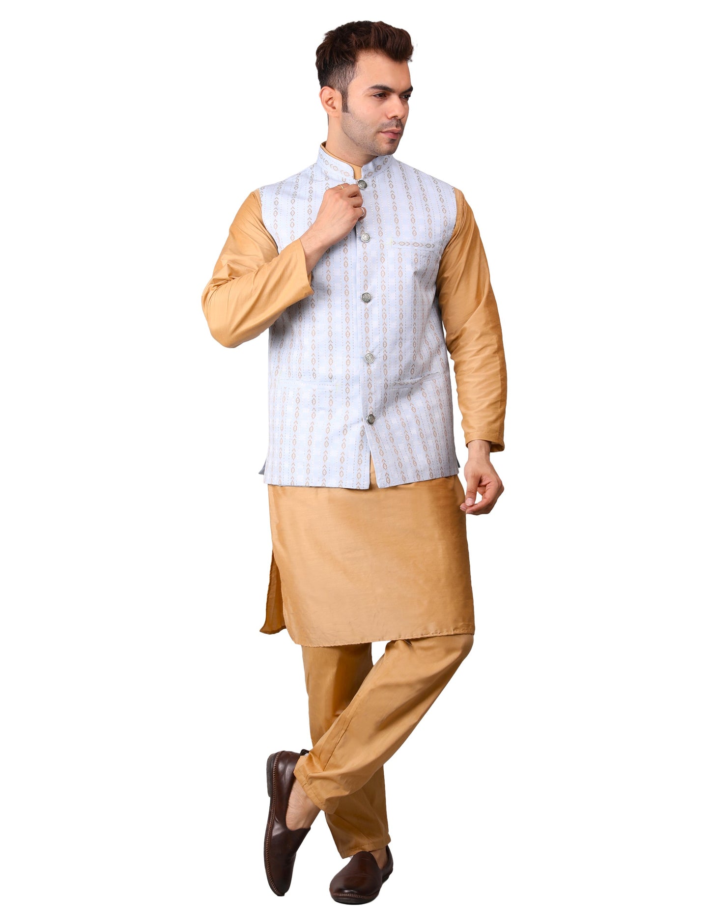 Men's Silk Blend Golden Kurta Pajama with Designer Bundi Nehru Jacket/Waistcoat Light Blue