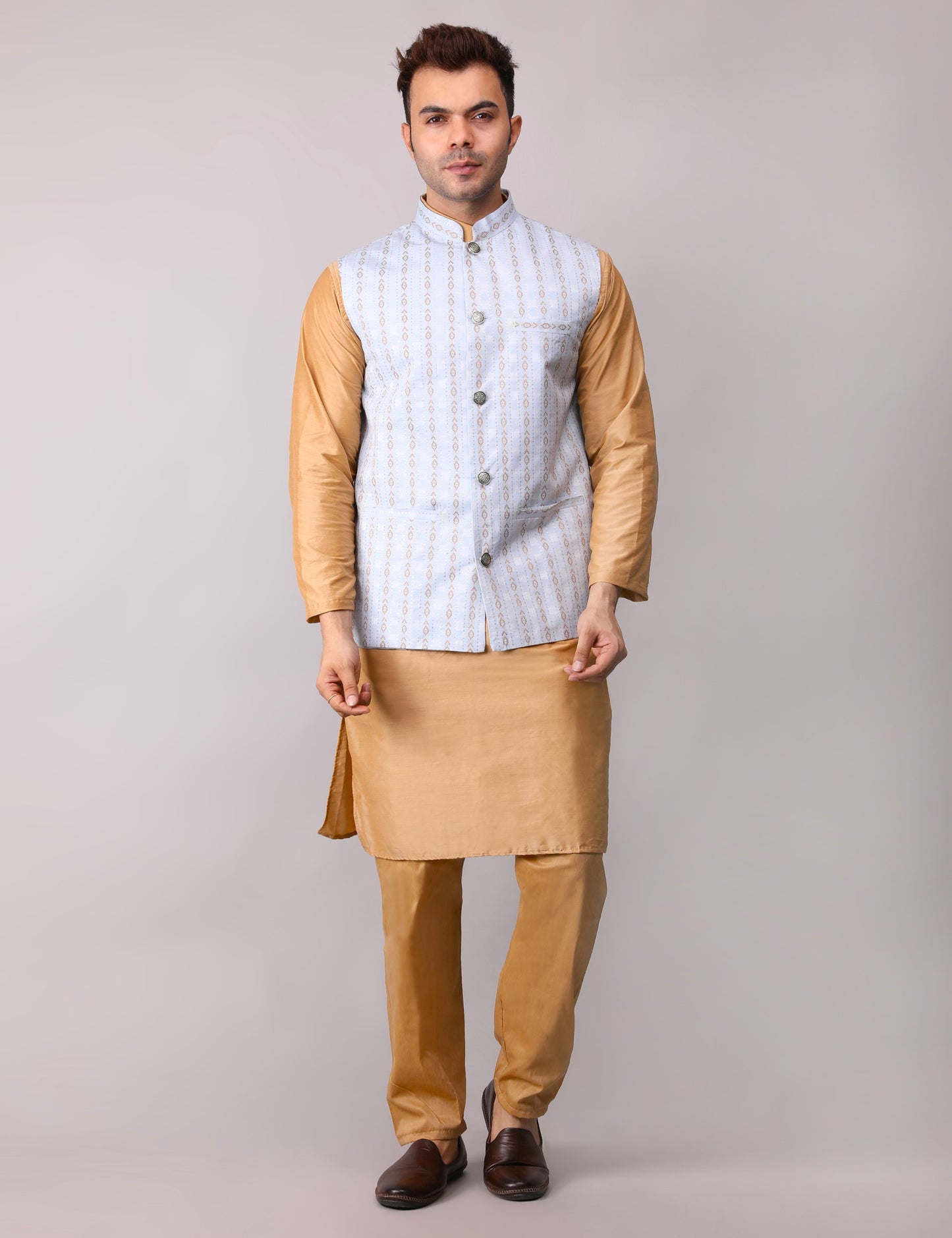 Men's Silk Blend Golden Kurta Pajama with Designer Bundi Nehru Jacket/Waistcoat Light Blue