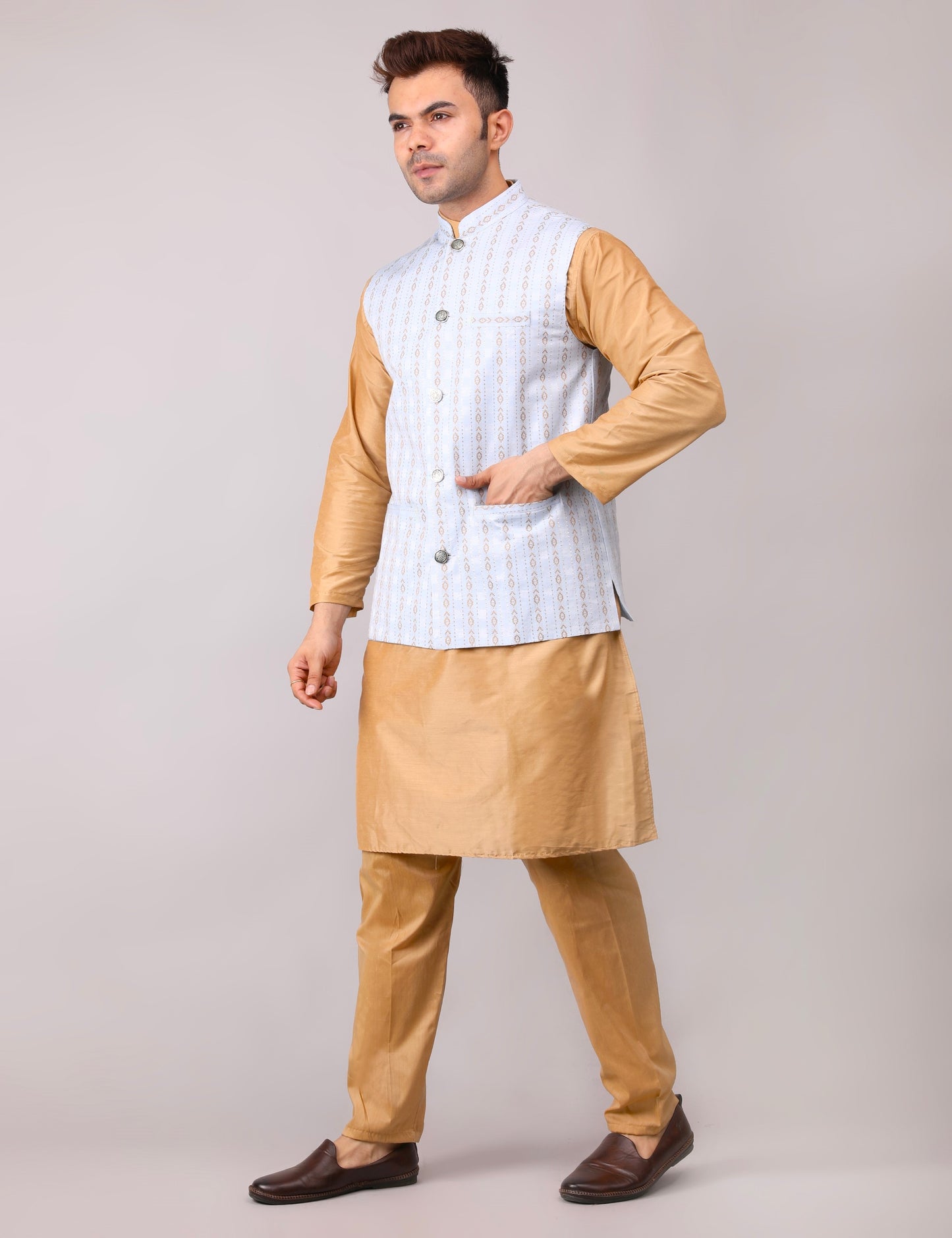 Men's Silk Blend Golden Kurta Pajama with Designer Bundi Nehru Jacket/Waistcoat Light Blue