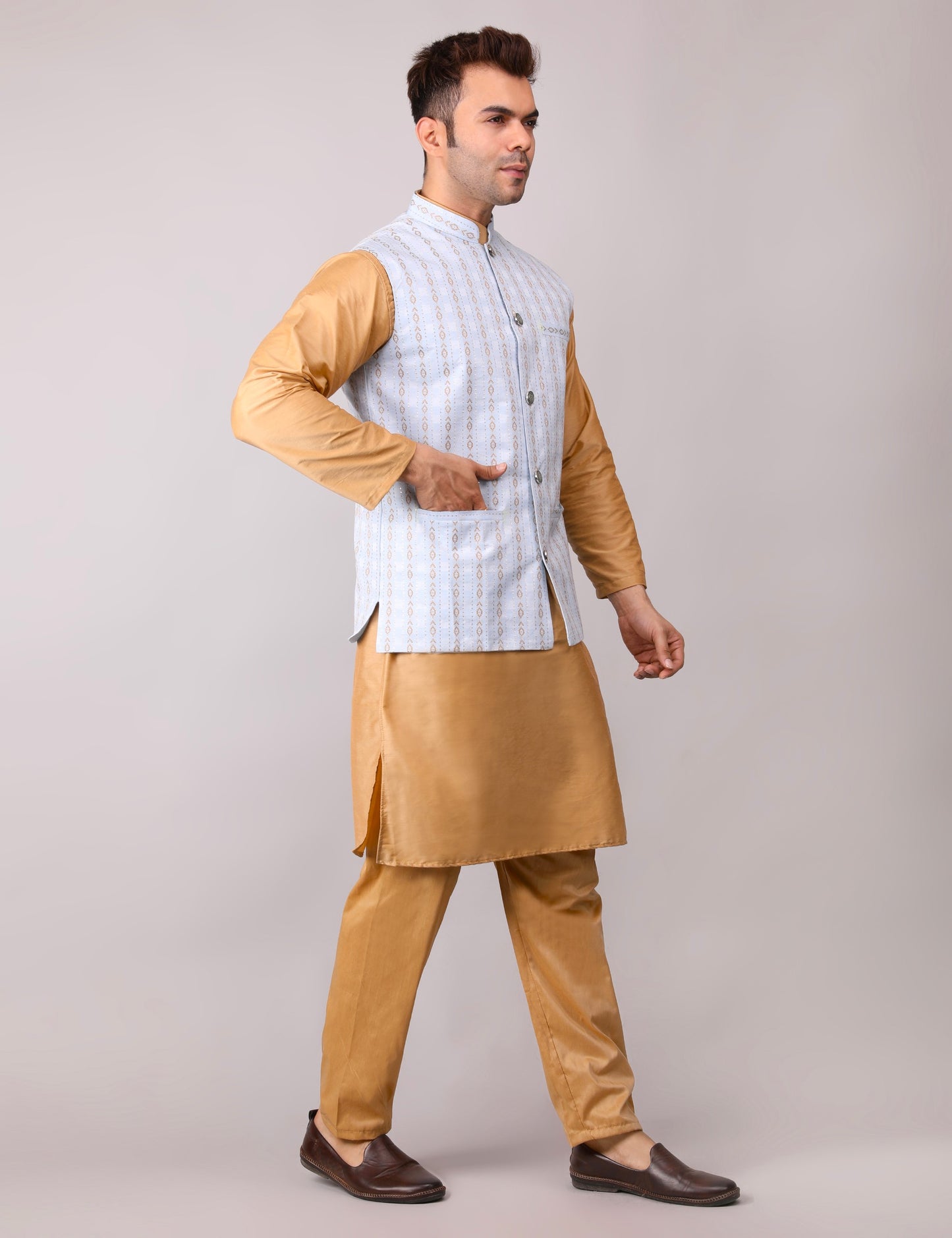 Men's Silk Blend Golden Kurta Pajama with Designer Bundi Nehru Jacket/Waistcoat Light Blue
