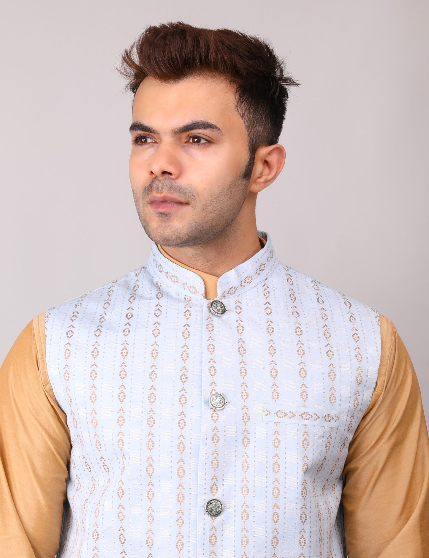 Men's Silk Blend Golden Kurta Pajama with Designer Bundi Nehru Jacket/Waistcoat Light Blue