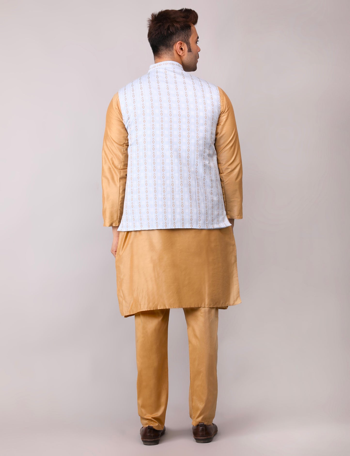 Men's Silk Blend Golden Kurta Pajama with Designer Bundi Nehru Jacket/Waistcoat Light Blue