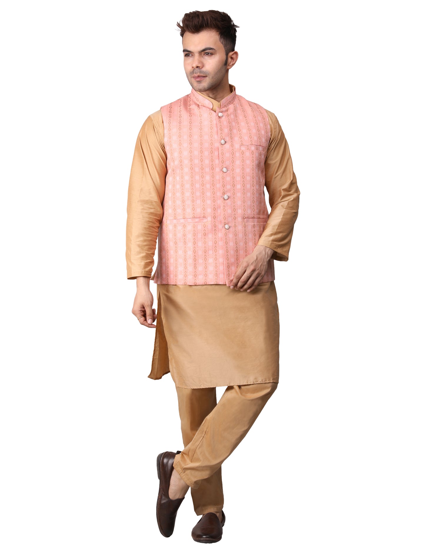 Men's Silk Blend Golden Kurta Pajama with Designer Bundi Nehru Jacket/Waistcoat Peach