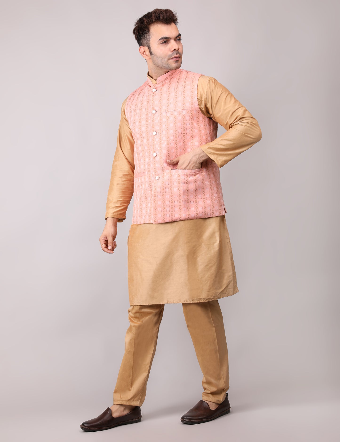 Men's Silk Blend Golden Kurta Pajama with Designer Bundi Nehru Jacket/Waistcoat Peach