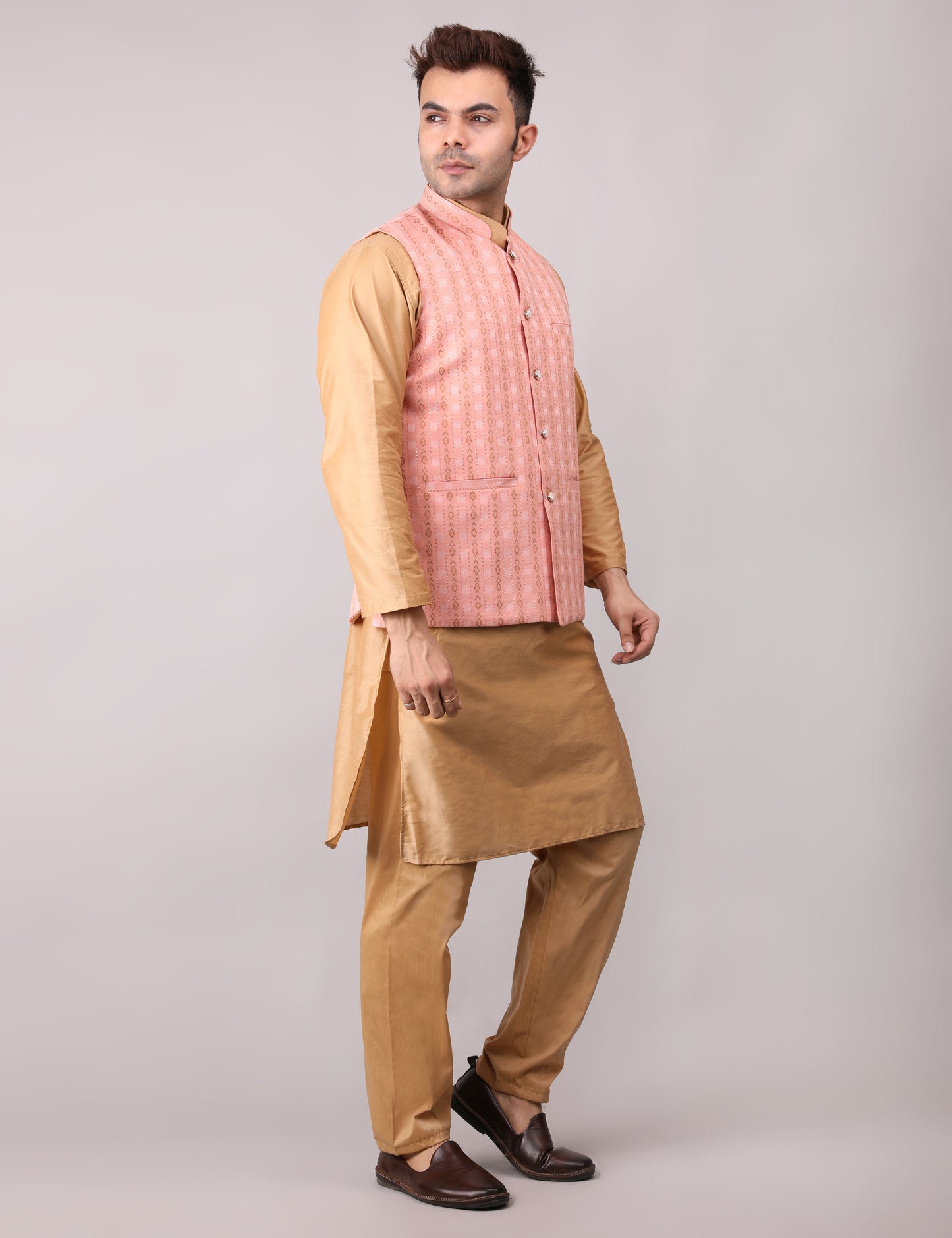 Men's Silk Blend Golden Kurta Pajama with Designer Bundi Nehru Jacket/Waistcoat Peach