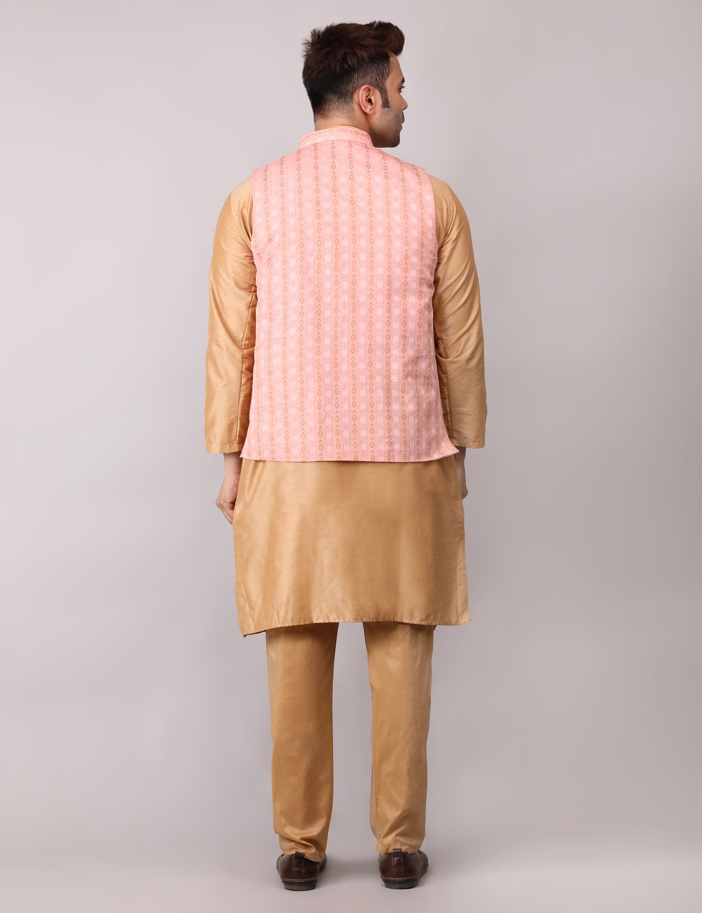 Men's Silk Blend Golden Kurta Pajama with Designer Bundi Nehru Jacket/Waistcoat Peach