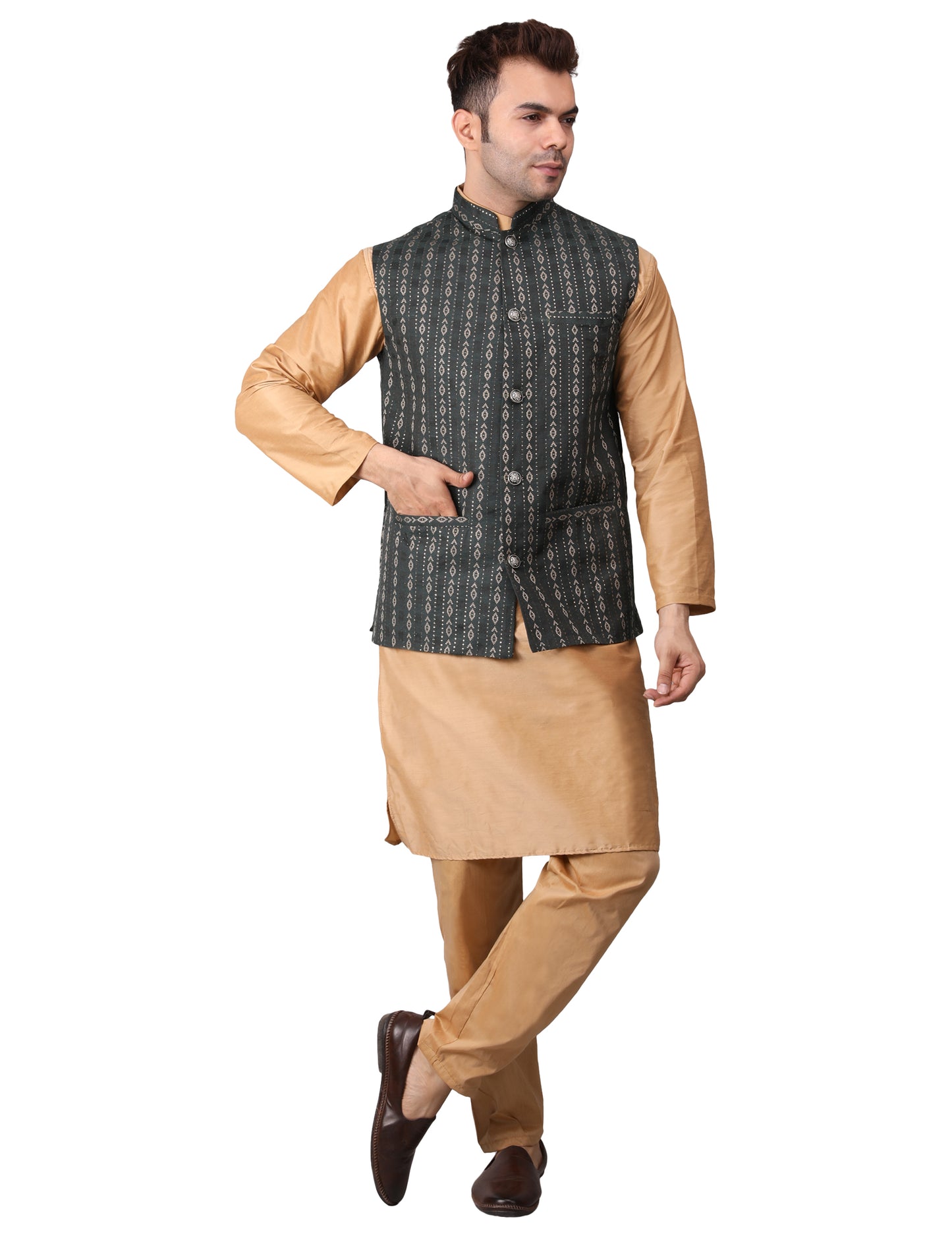 Men's Silk Blend Golden Kurta Pajama with Designer Bundi Nehru Jacket/Waistcoat Dark Green