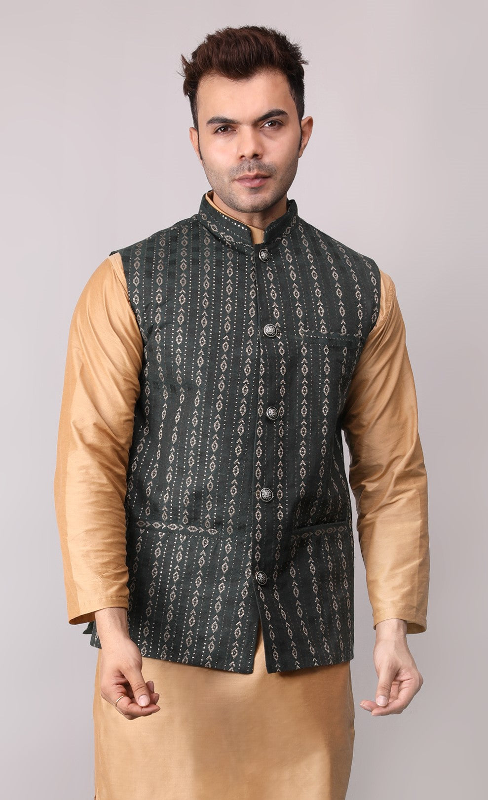 Men's Jawahar cut || Modi Jacket || Nehru Jacket Waist Coat || Vest Ethnic Wear Dark Green Gold
