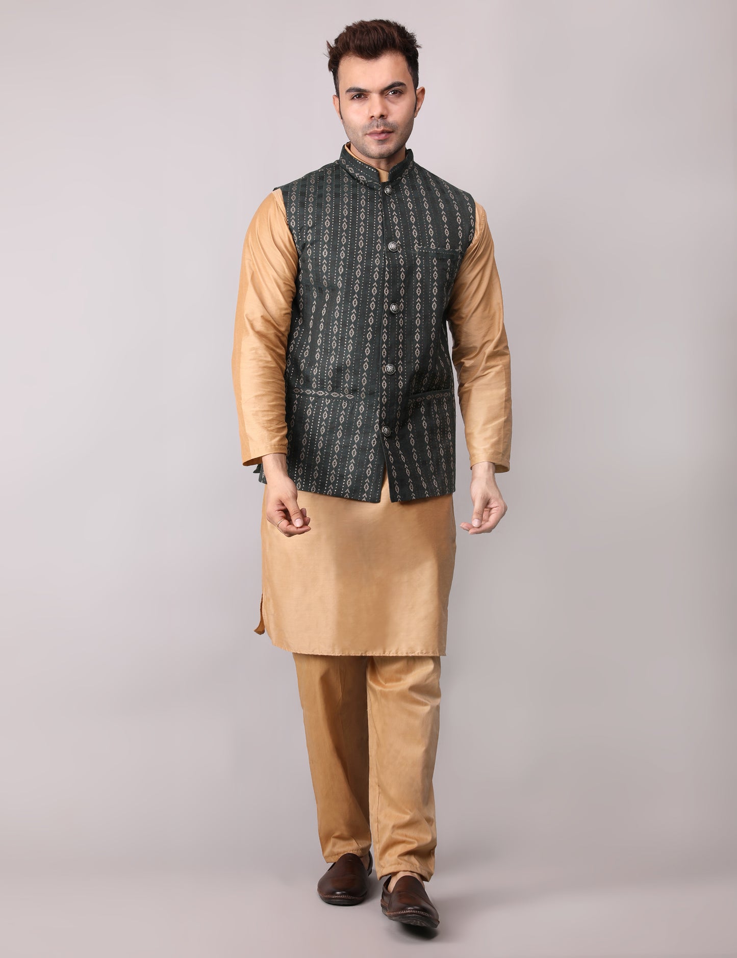 Men's Silk Blend Golden Kurta Pajama with Designer Bundi Nehru Jacket/Waistcoat Dark Green