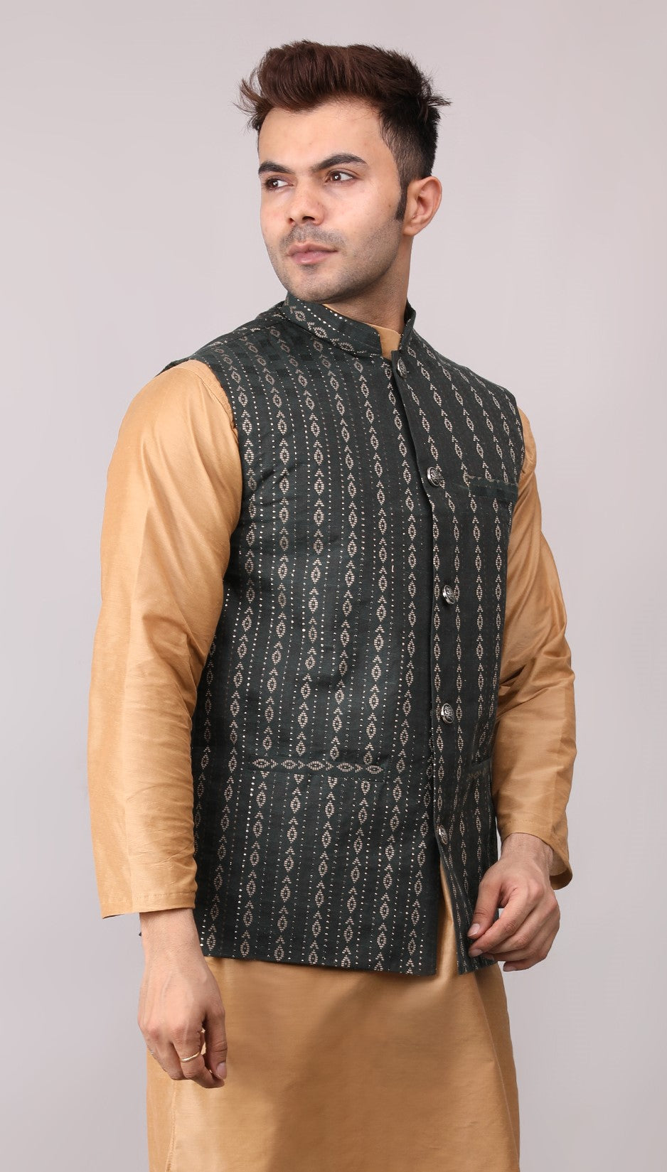 Men's Jawahar cut || Modi Jacket || Nehru Jacket Waist Coat || Vest Ethnic Wear Dark Green Gold