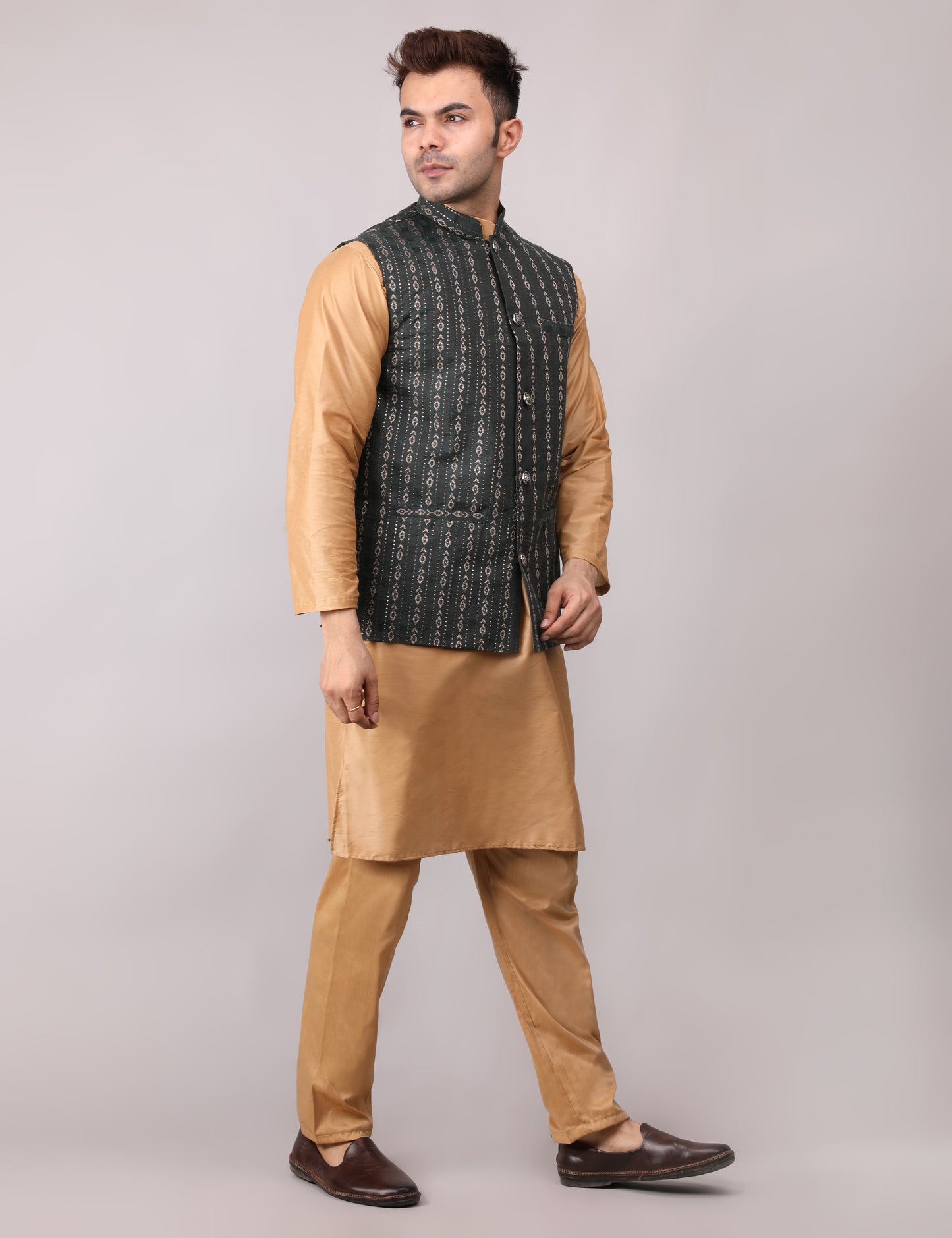 Men's Silk Blend Golden Kurta Pajama with Designer Bundi Nehru Jacket/Waistcoat Dark Green