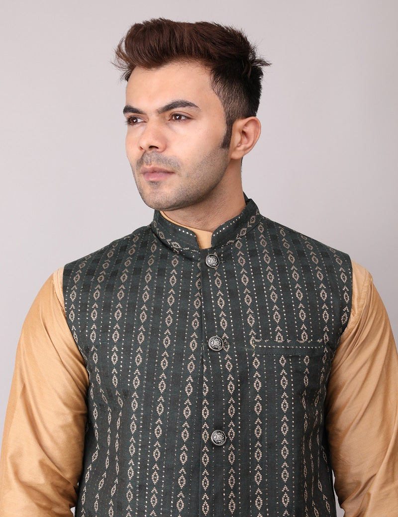 Men's Jawahar cut || Modi Jacket || Nehru Jacket Waist Coat || Vest Ethnic Wear Dark Green Gold