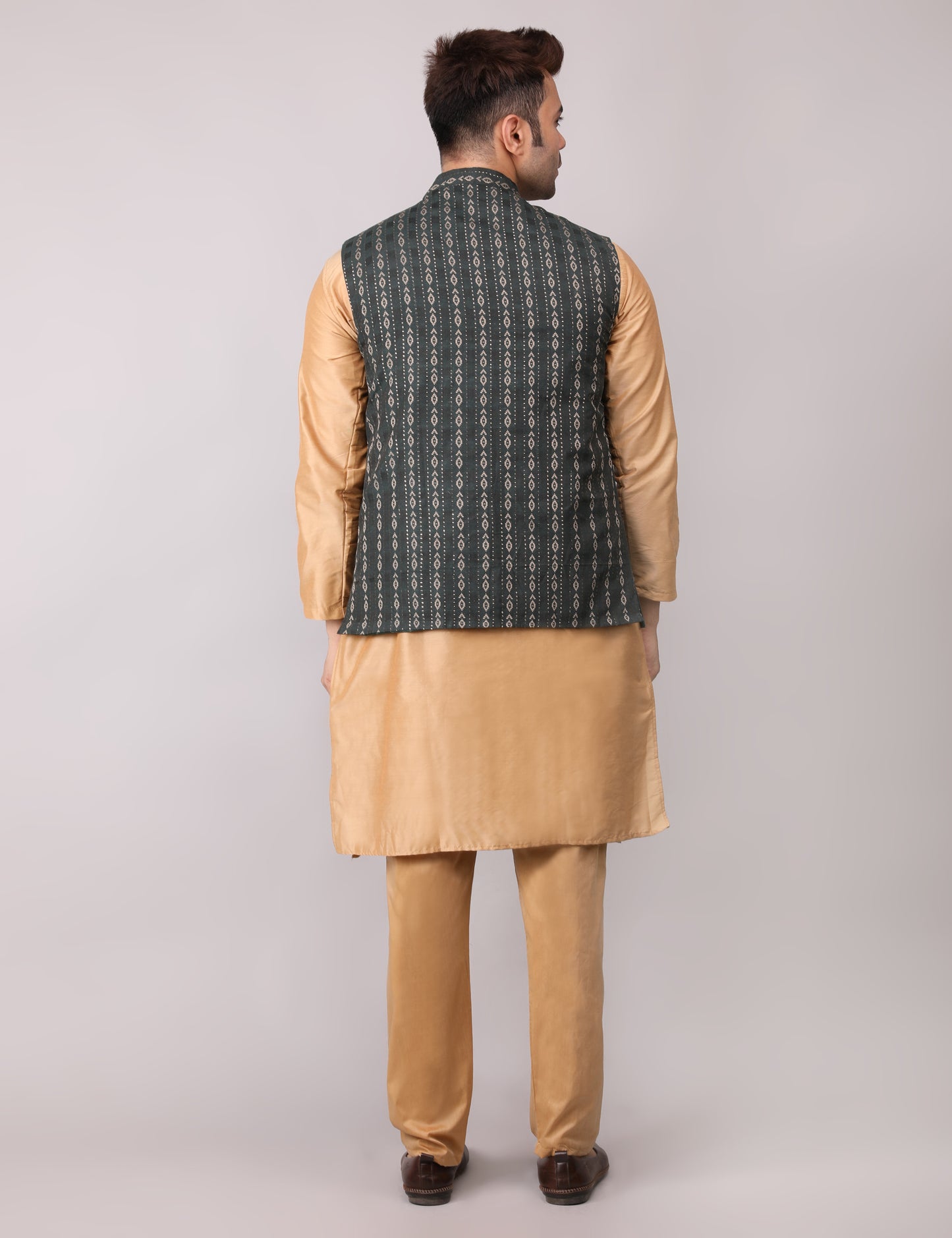 Men's Silk Blend Golden Kurta Pajama with Designer Bundi Nehru Jacket/Waistcoat Dark Green