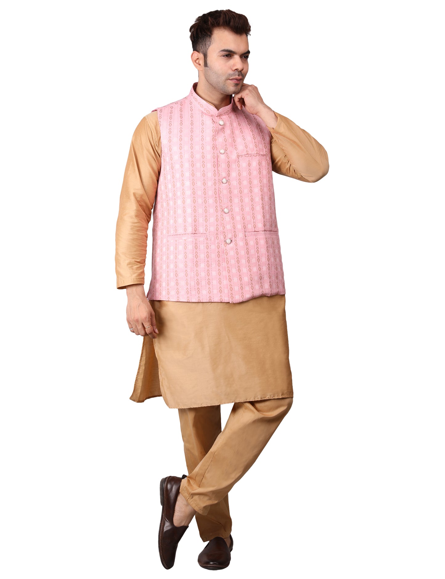 Men's Silk Blend Golden Kurta Pajama with Designer Bundi Nehru Jacket/Waistcoat Pink