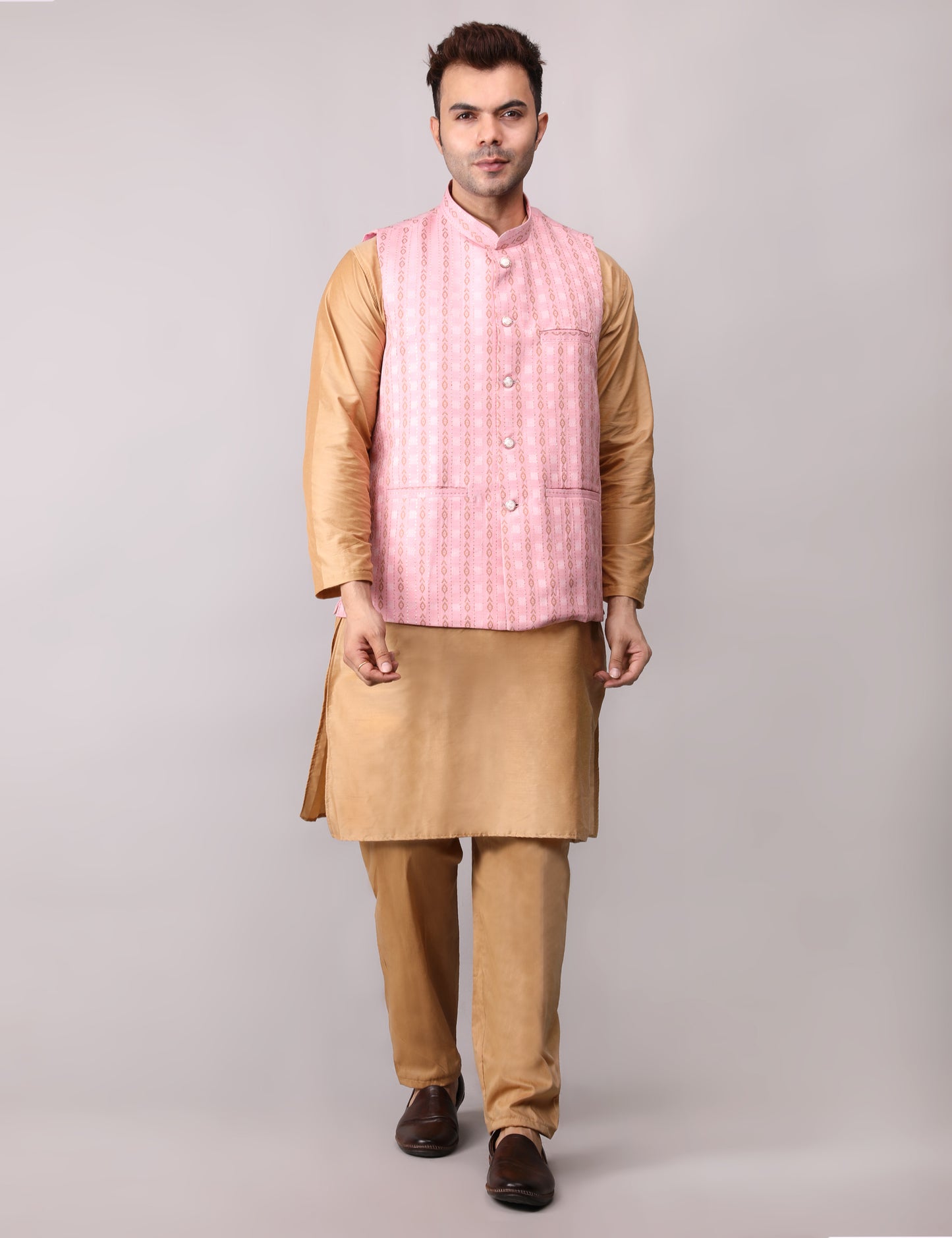Men's Silk Blend Golden Kurta Pajama with Designer Bundi Nehru Jacket/Waistcoat Pink
