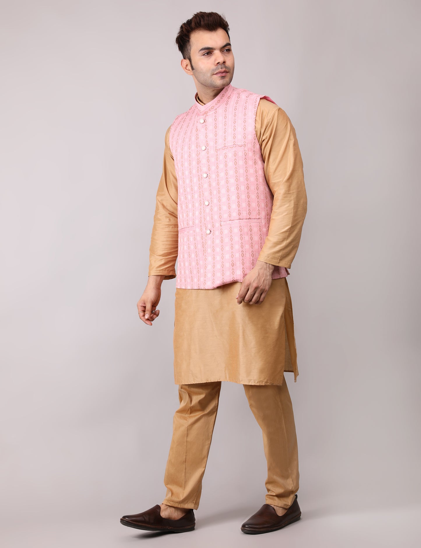Men's Silk Blend Golden Kurta Pajama with Designer Bundi Nehru Jacket/Waistcoat Pink