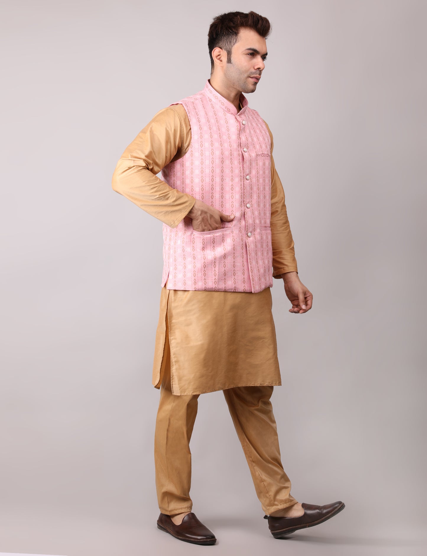 Men's Silk Blend Golden Kurta Pajama with Designer Bundi Nehru Jacket/Waistcoat Pink