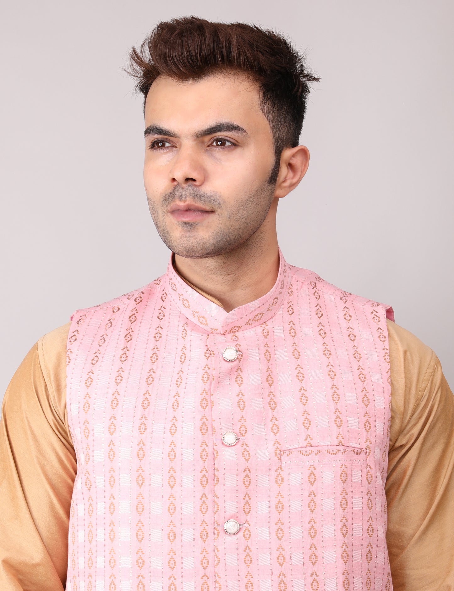 Men's Silk Blend Golden Kurta Pajama with Designer Bundi Nehru Jacket/Waistcoat Pink