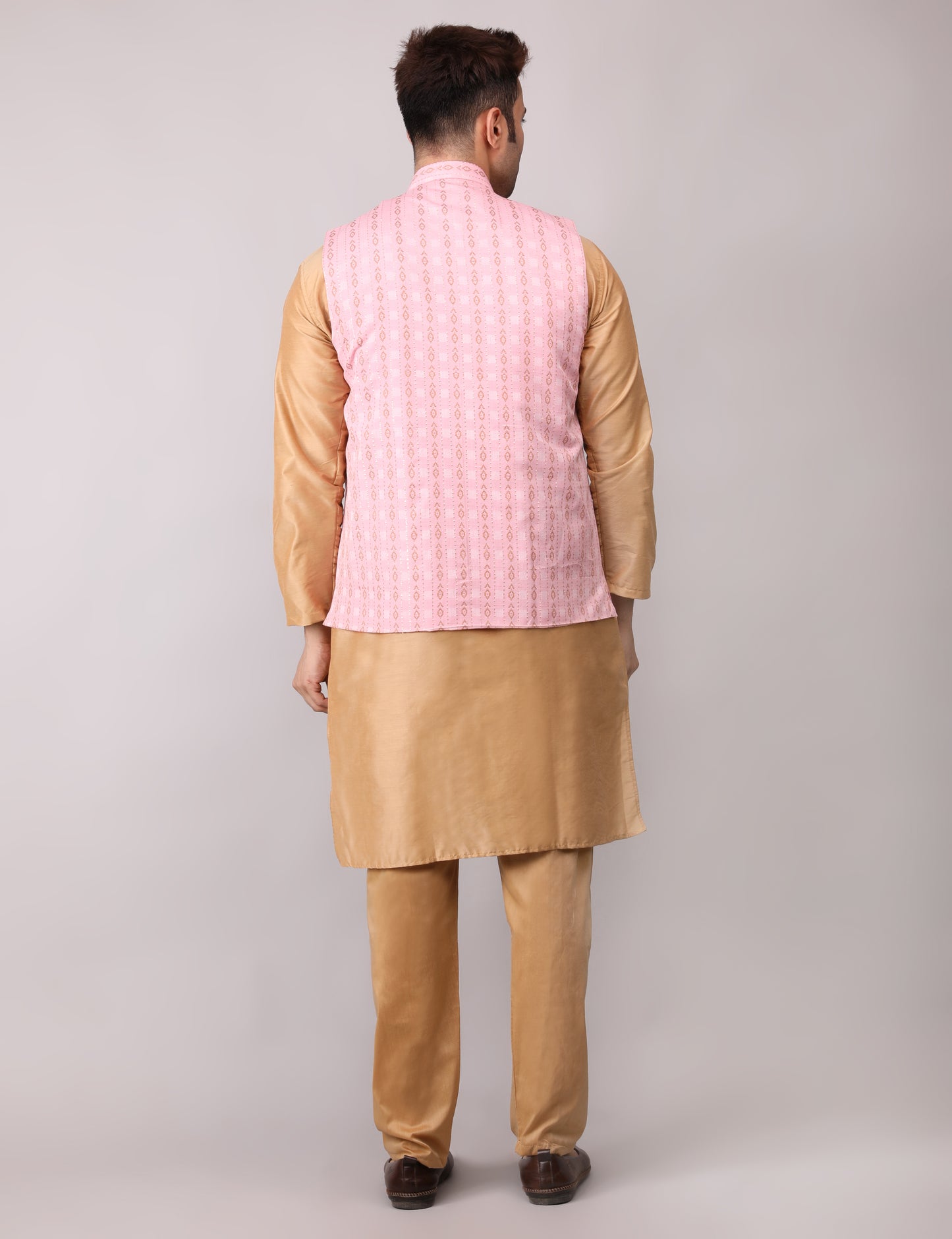 Men's Silk Blend Golden Kurta Pajama with Designer Bundi Nehru Jacket/Waistcoat Pink