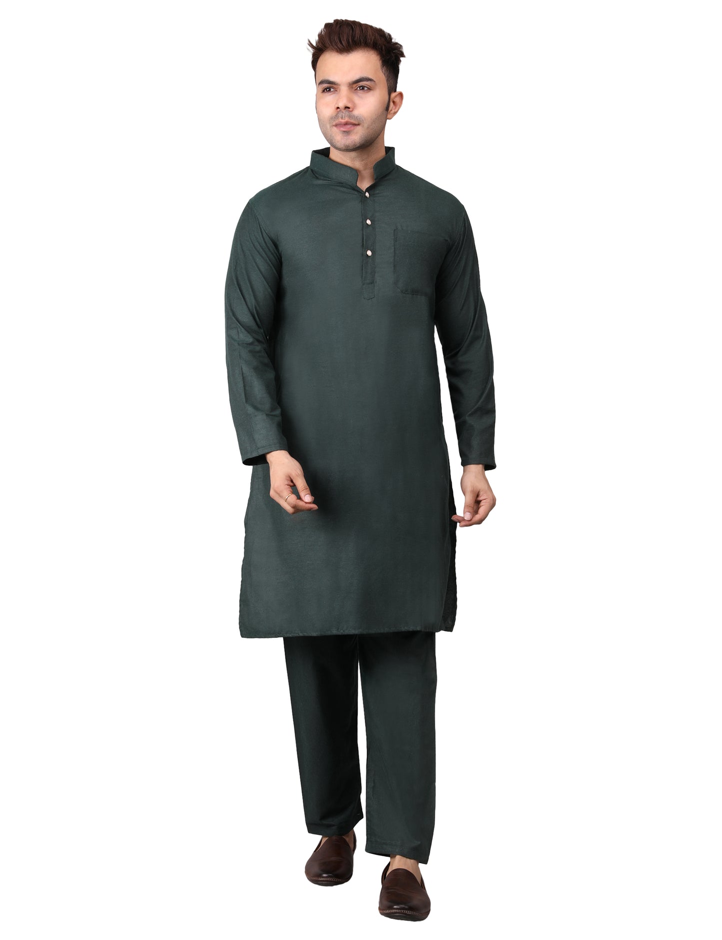 Men's Plain Dark Green Cotton Kurta Pajama Set