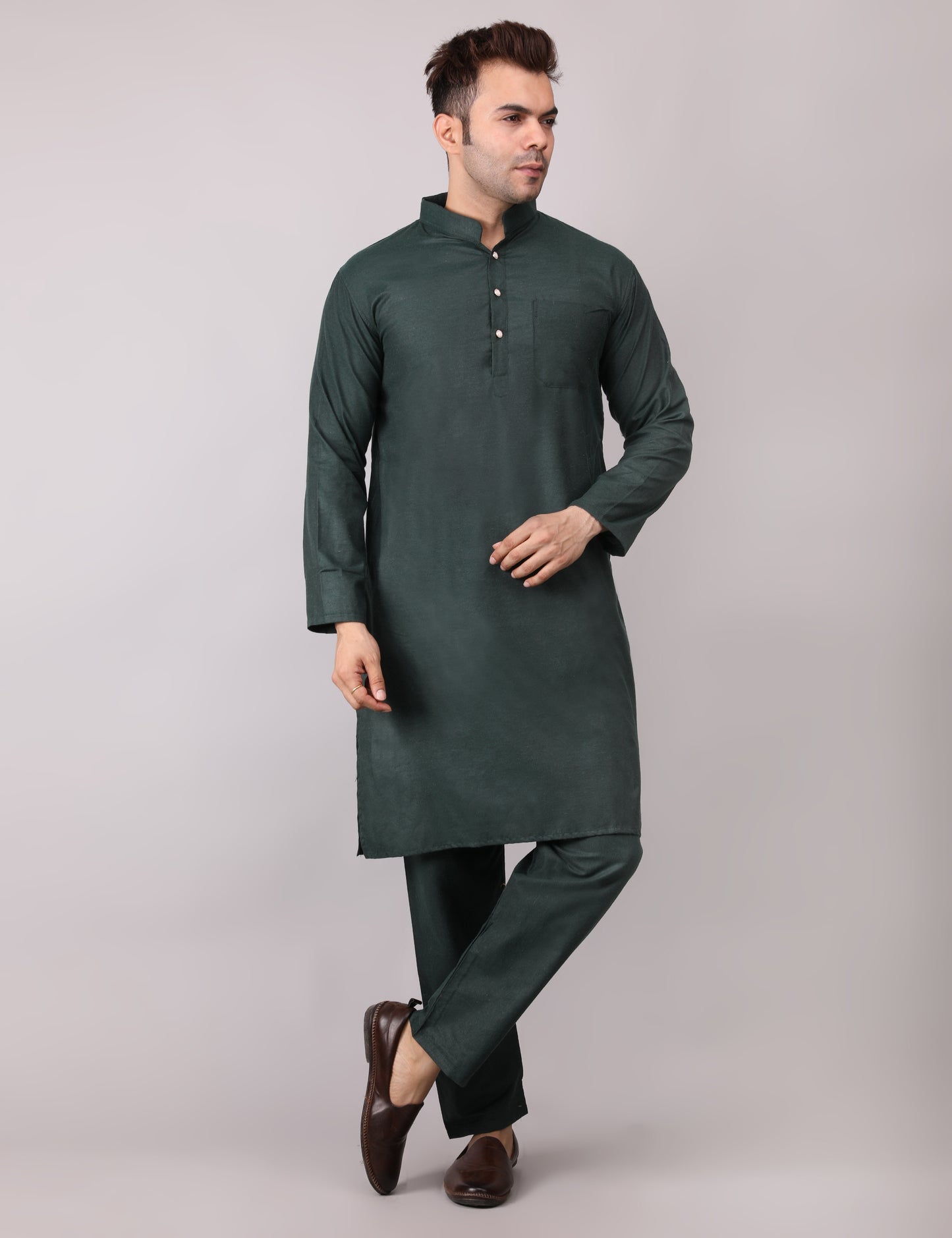 Men's Plain Dark Green Cotton Kurta Pajama Set
