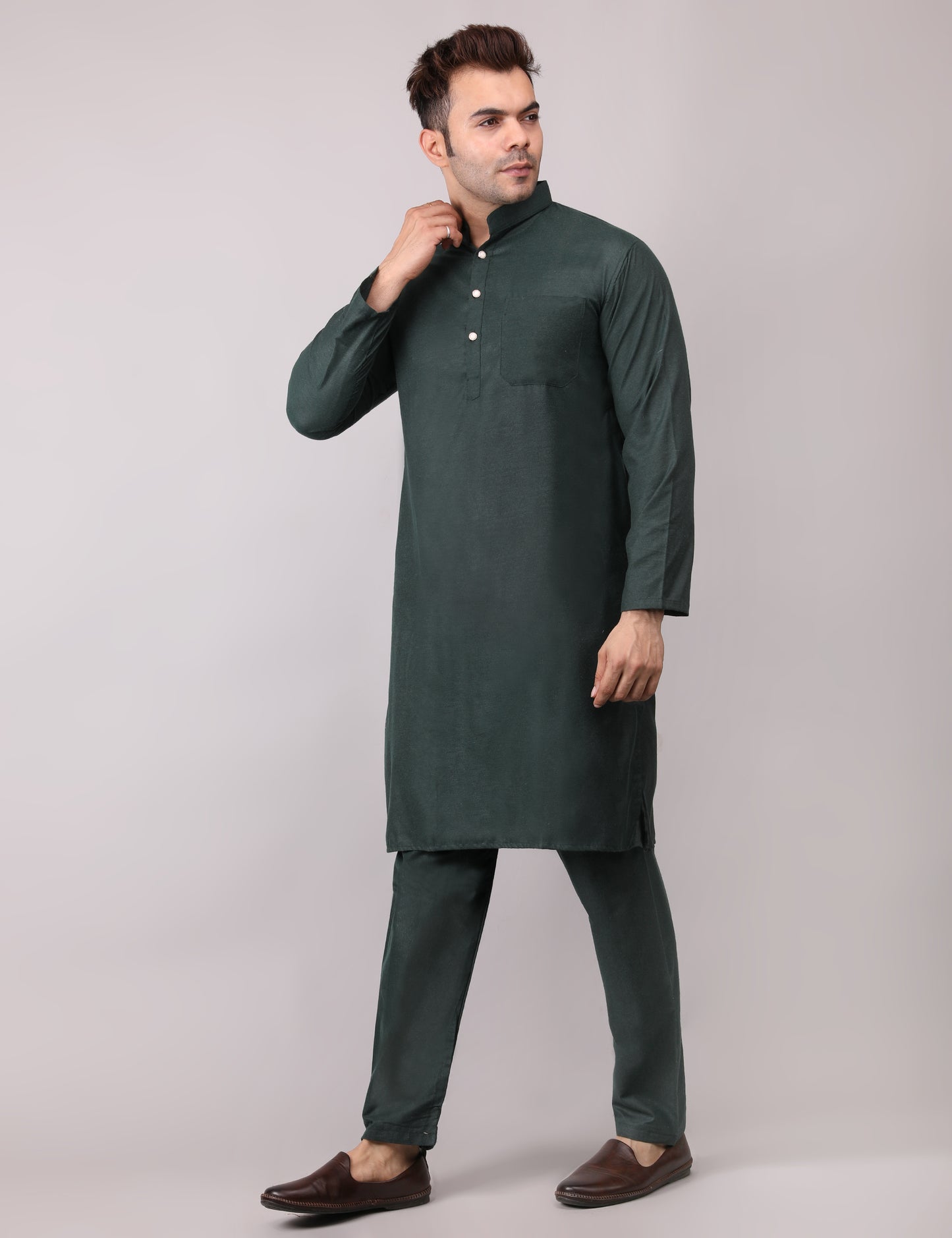 Men's Plain Dark Green Cotton Kurta Pajama Set