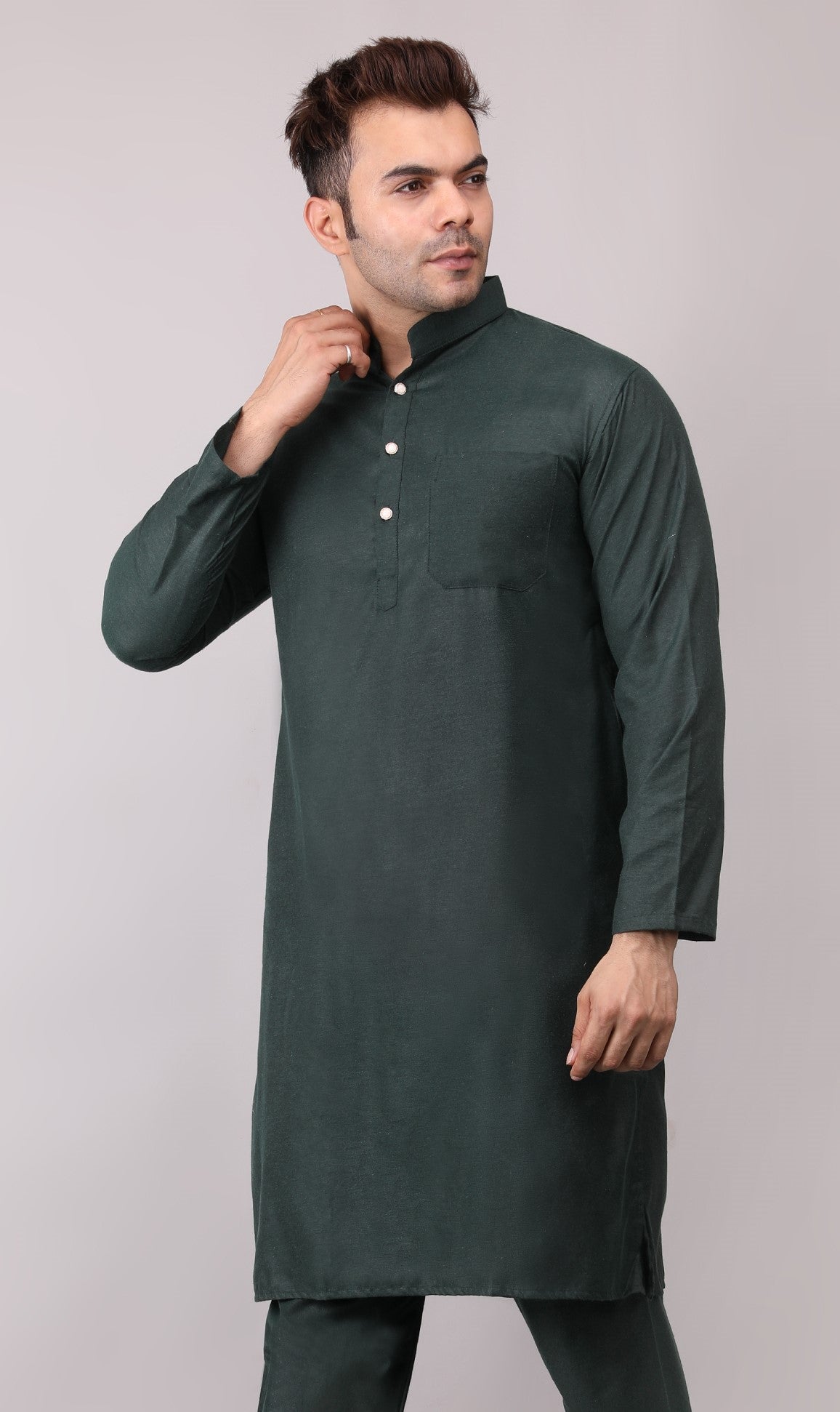 Men's Plain Dark Green Cotton Kurta