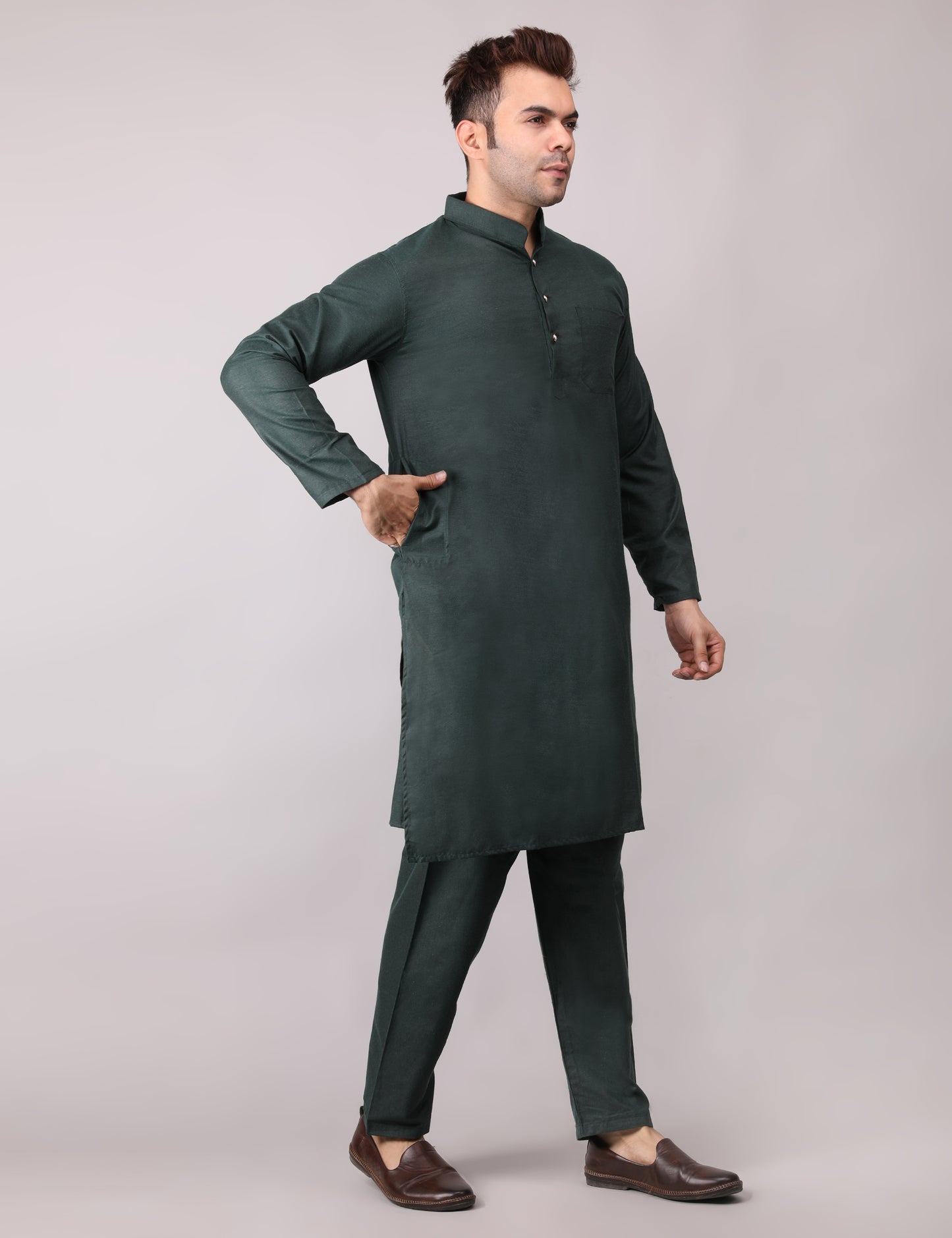 Men's Plain Dark Green Cotton Kurta Pajama Set