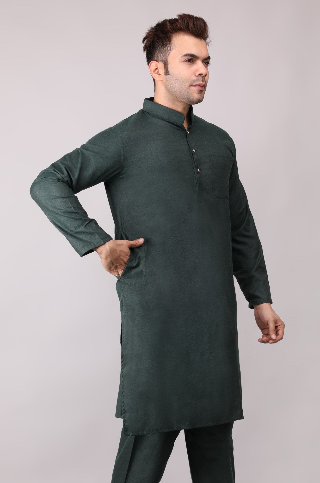 Men's Plain Dark Green Cotton Kurta
