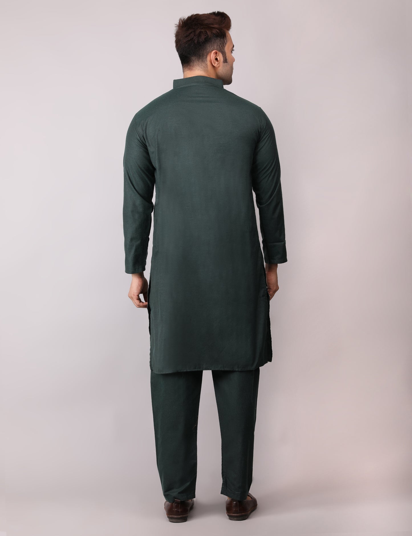 Men's Plain Dark Green Cotton Kurta Pajama Set