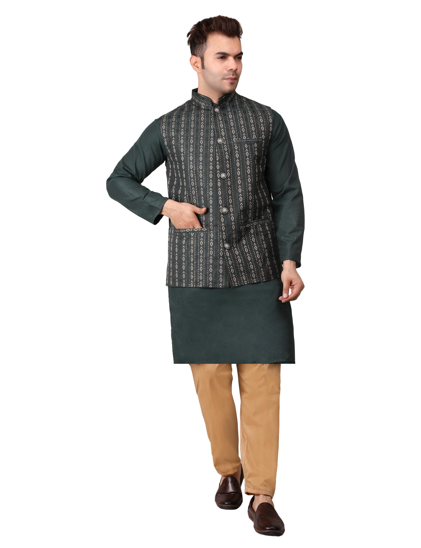Men's Silk Blend Kurta Pajama with Designer Bundi Nehru Jacket/Waistcoat Dark Green