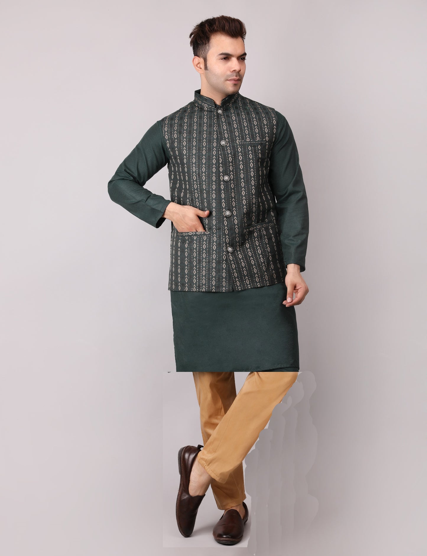 Men's Silk Blend Kurta Pajama with Designer Bundi Nehru Jacket/Waistcoat Dark Green
