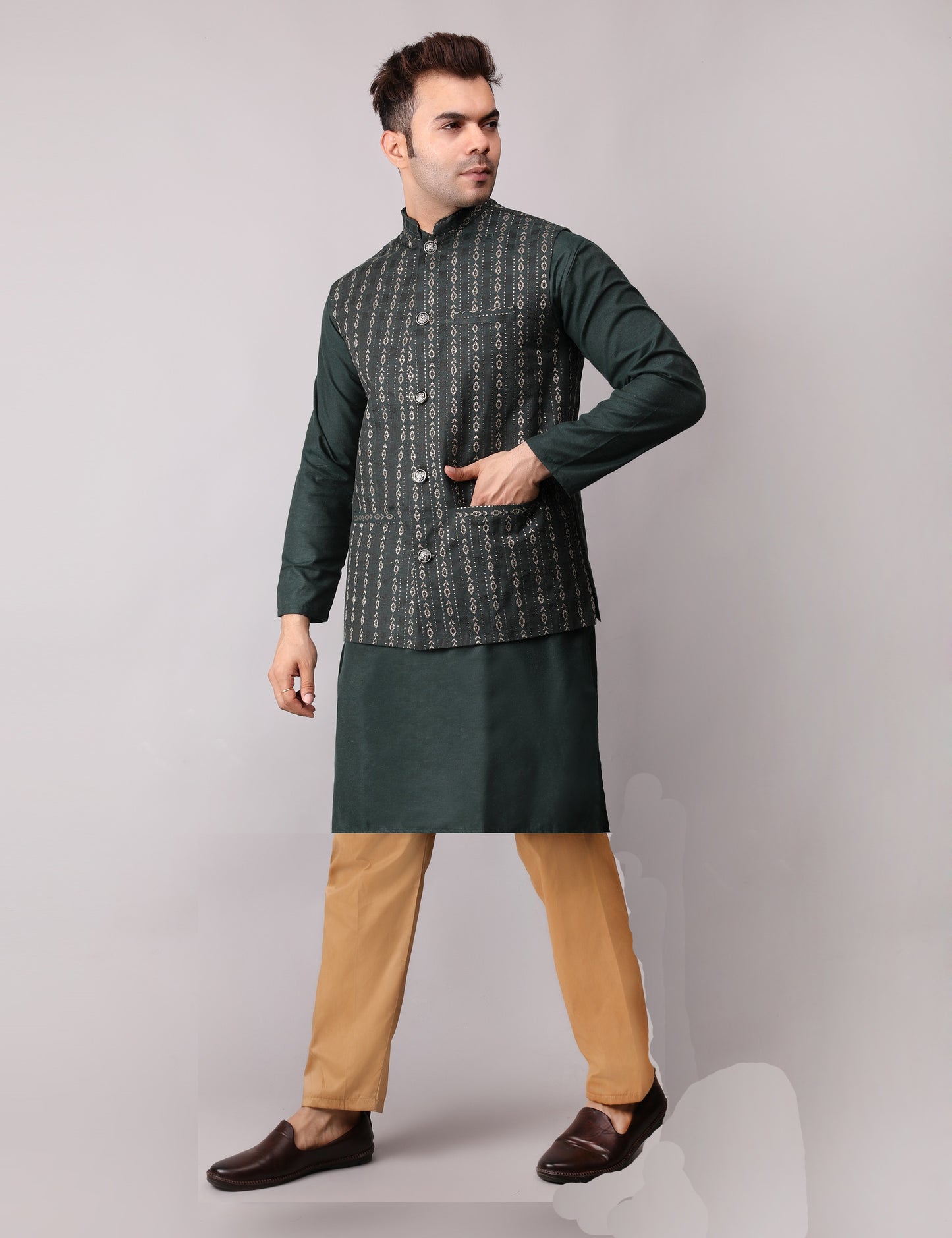 Men's Silk Blend Kurta Pajama with Designer Bundi Nehru Jacket/Waistcoat Dark Green