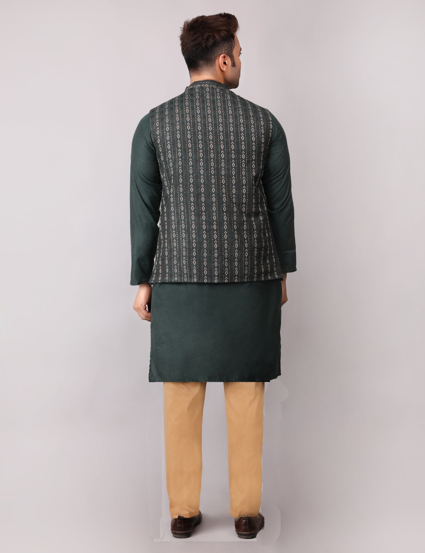 Men's Silk Blend Kurta Pajama with Designer Bundi Nehru Jacket/Waistcoat Dark Green