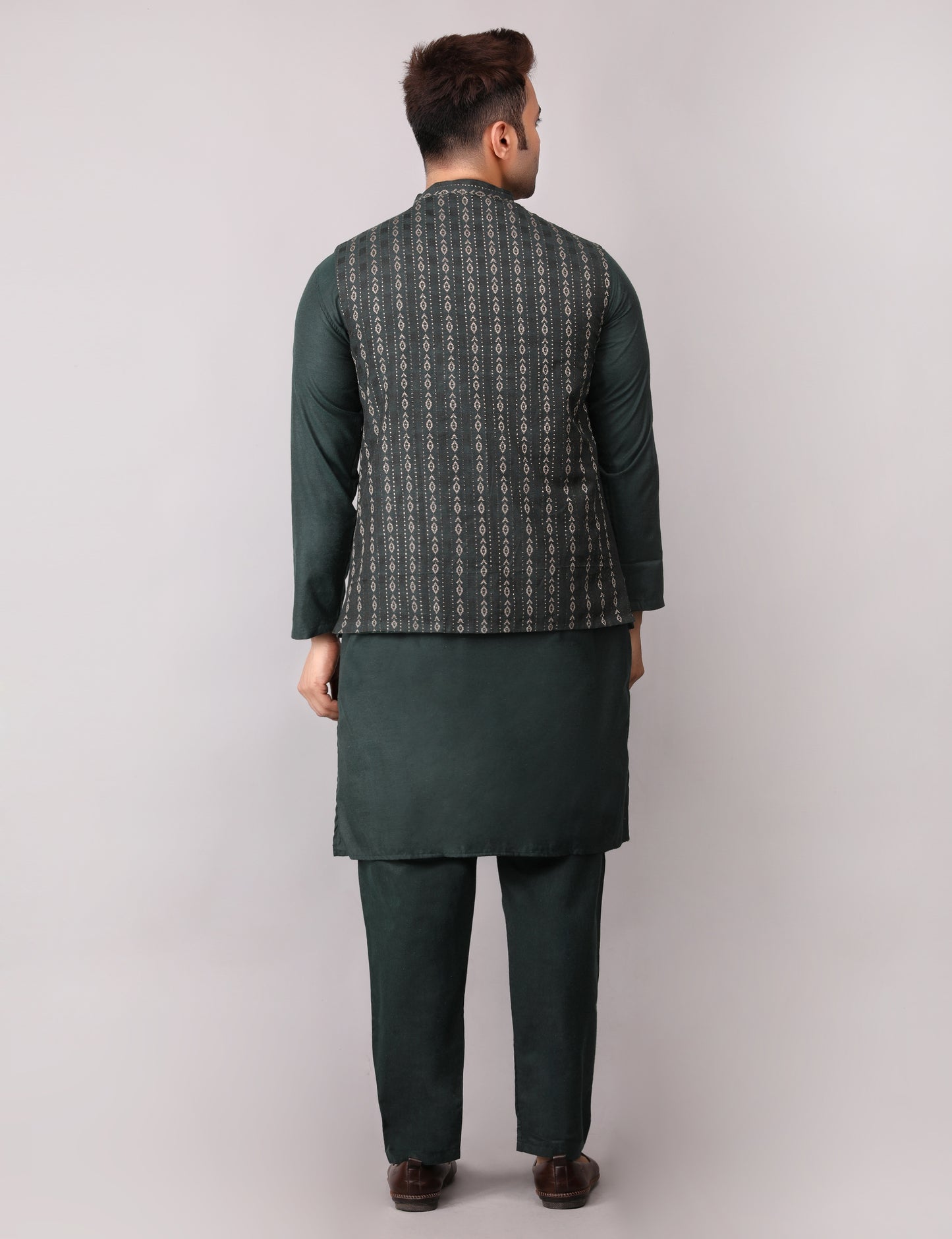 Men's Silk Blend Kurta Pajama with Designer Bundi Nehru Jacket/Waistcoat Dark Green