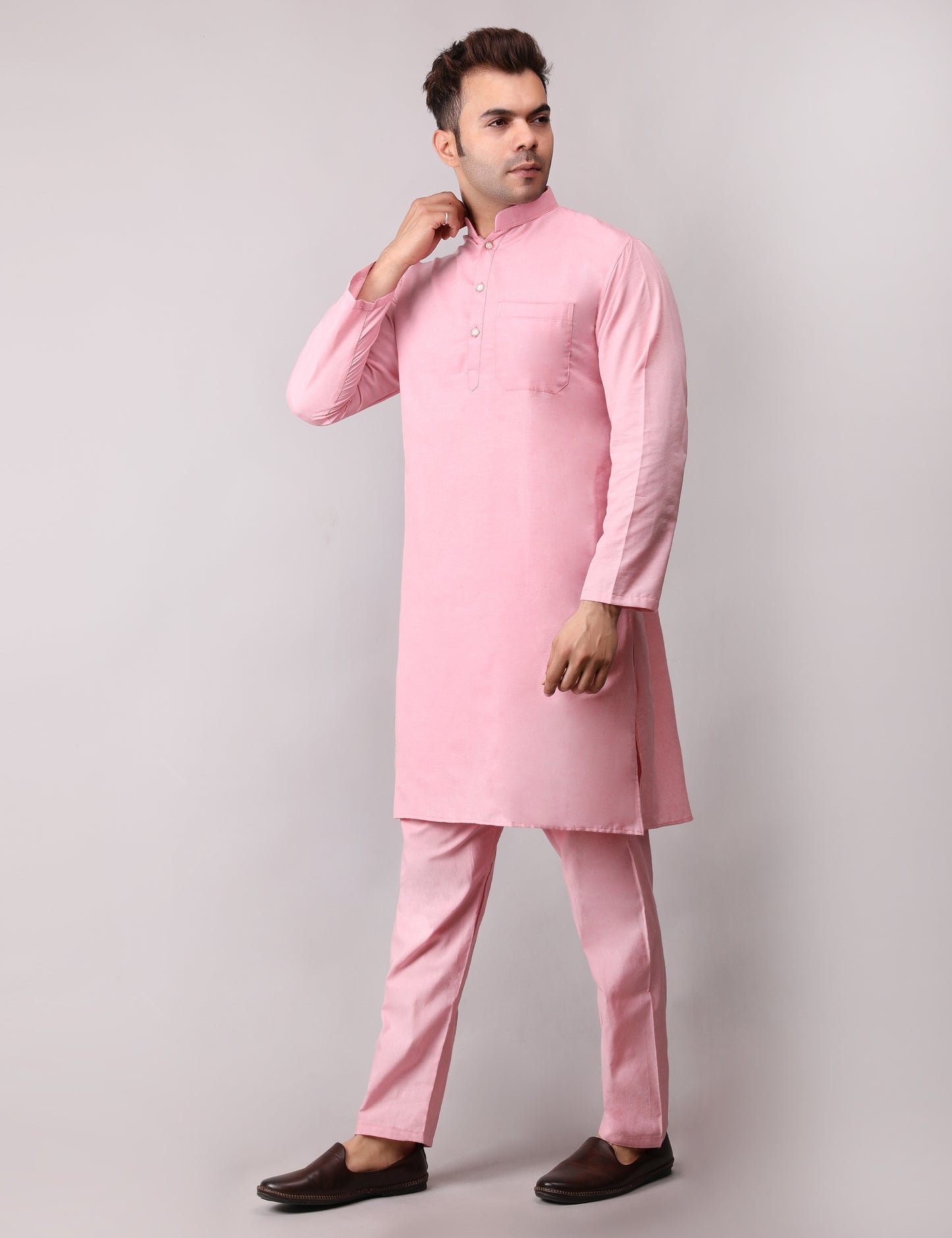 Men's Plain Pink Cotton Kurta Pajama Set