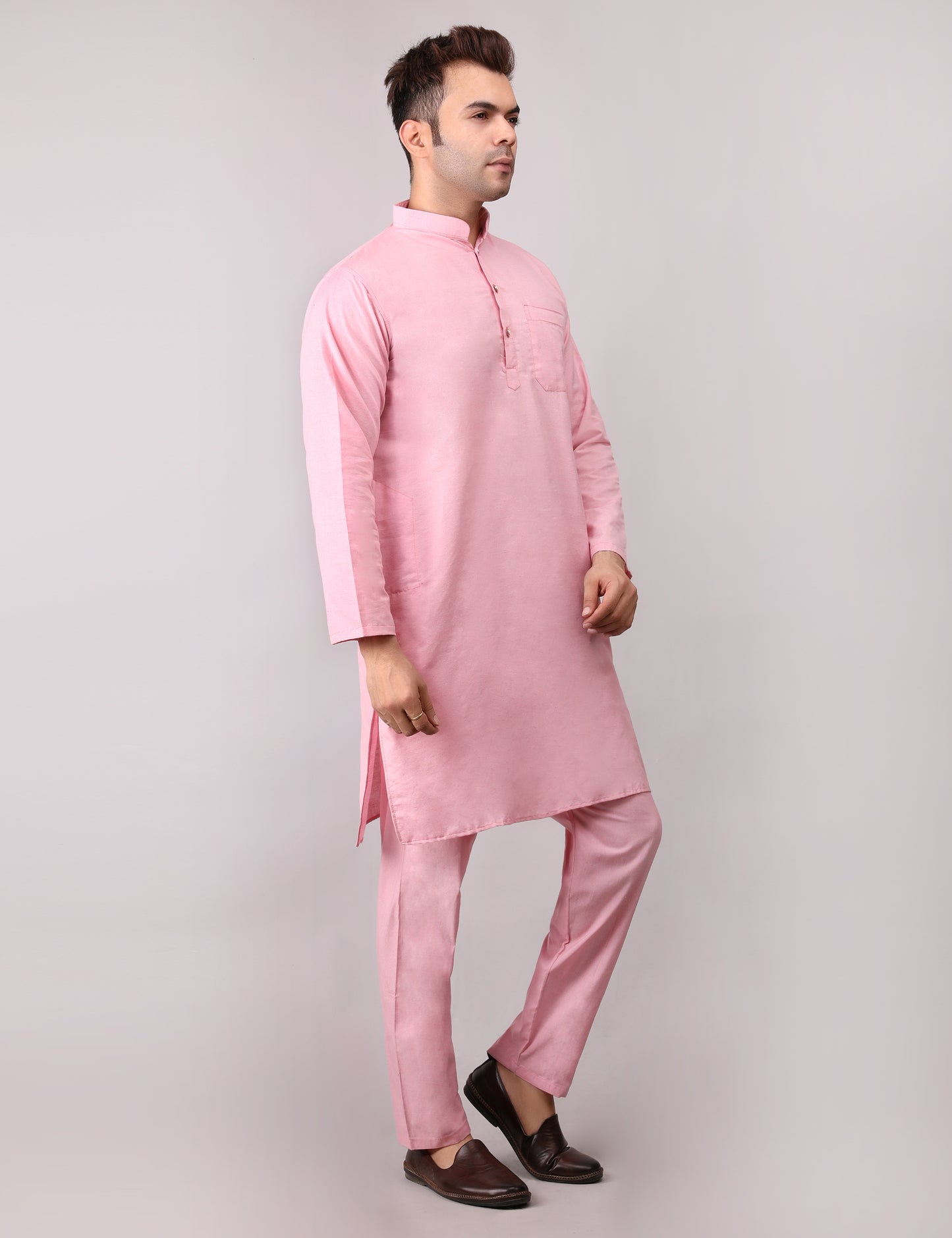Men's Plain Pink Cotton Kurta Pajama Set
